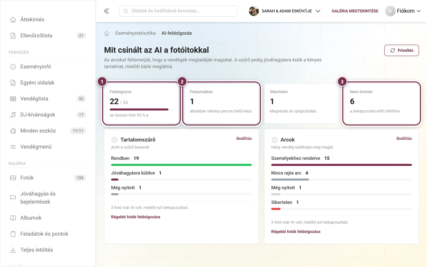 Az AI-feldolgozás kártyasora a Feldolgozva, Folyamatban és Nem érintett kártyákkal kiemelve