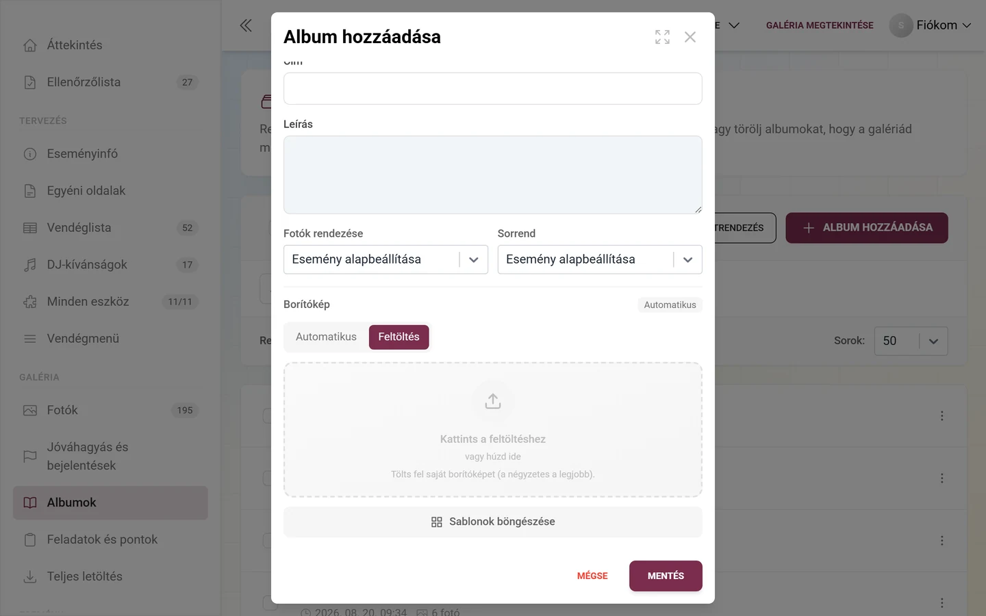 Borítókép blokk az Album hozzáadása párbeszédablakban az Automatikus és Feltöltés fülekkel