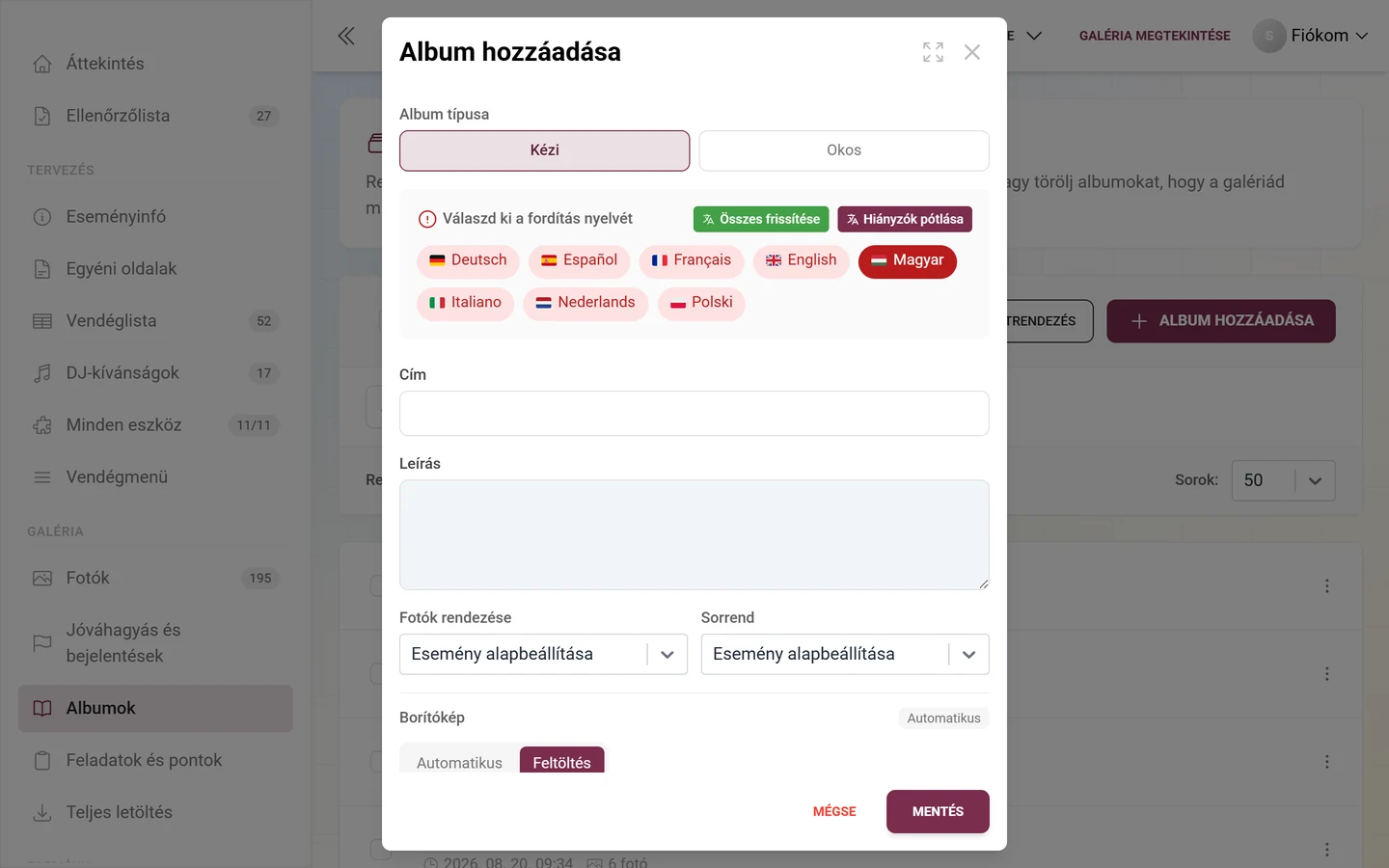 Album létrehozó párbeszédablak album típussal, címmel, leírással, fotórendezéssel és borítóképpel