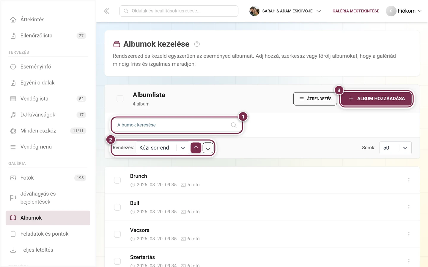 Az albumkezelő fejléce a kiemelt keresőmezővel, rendezéssel és az Album hozzáadása gombbal