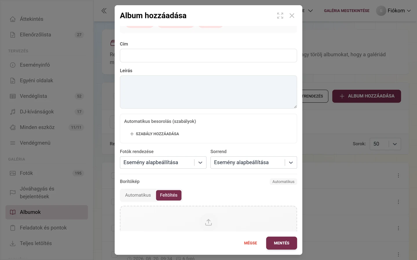 Album párbeszédablak az Automatikus besorolás (szabályok) blokkal és a Szabály hozzáadása gombbal