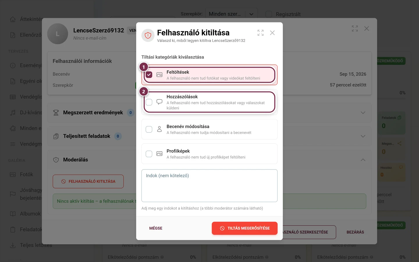 Tiltási kategóriák kiválasztása párbeszédablak a kiemelt Feltöltések és Hozzászólások kártyákkal