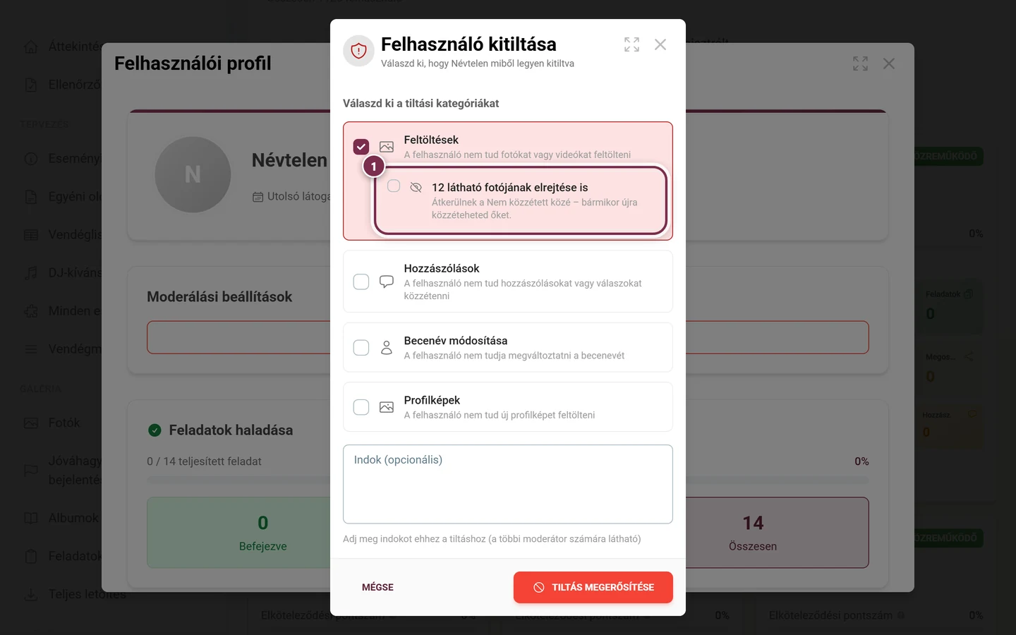 Tiltási párbeszédablak a bepipált Feltöltések kategóriával és az alatta behúzott rendrakó sorral