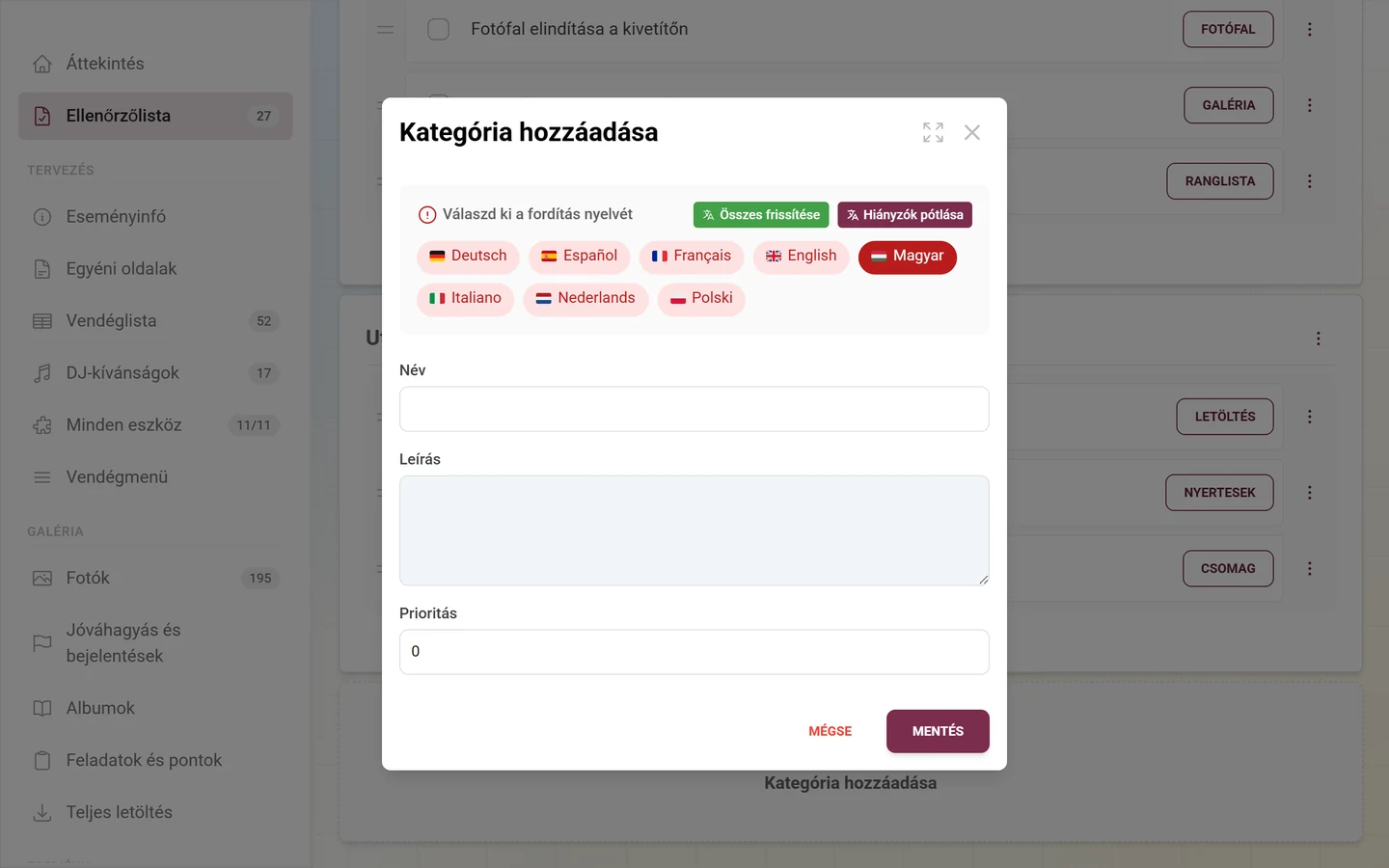 Kategória hozzáadása párbeszédablak nyelvválasztással, névvel, leírással és prioritással
