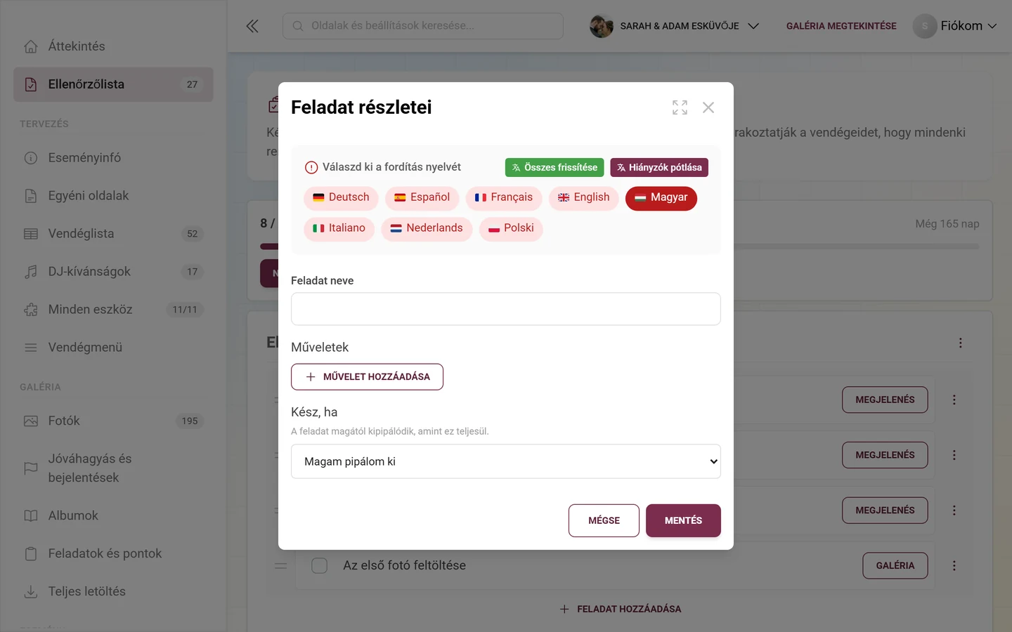 Feladat részletei párbeszédablak nyelvválasztással, feladat névvel, Művelet hozzáadása gombbal és a Kész, ha kiválasztóval