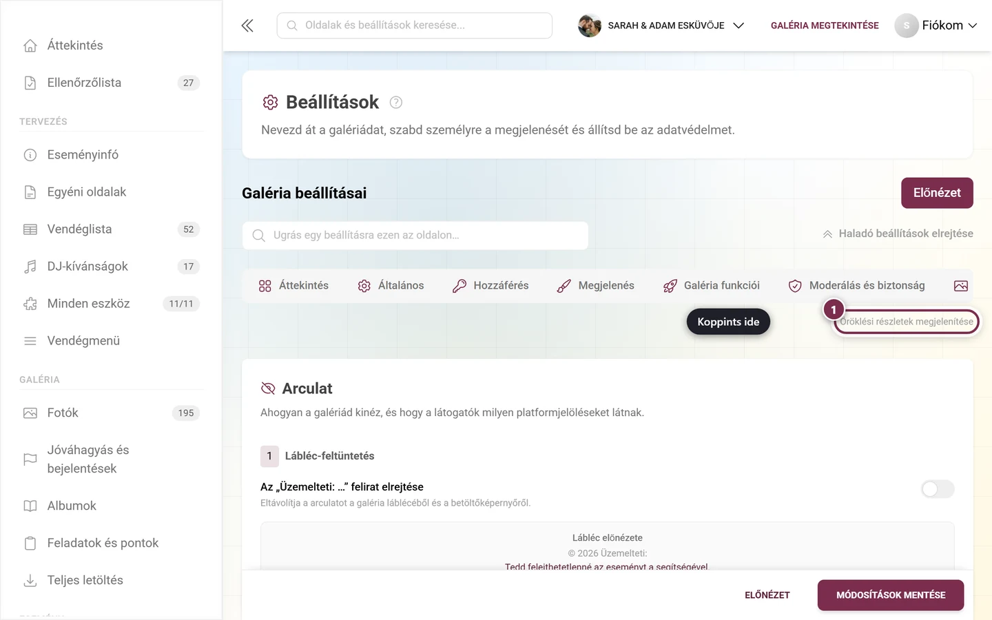 White-Label fül az öröklési részletek kapcsoló kiemelésével