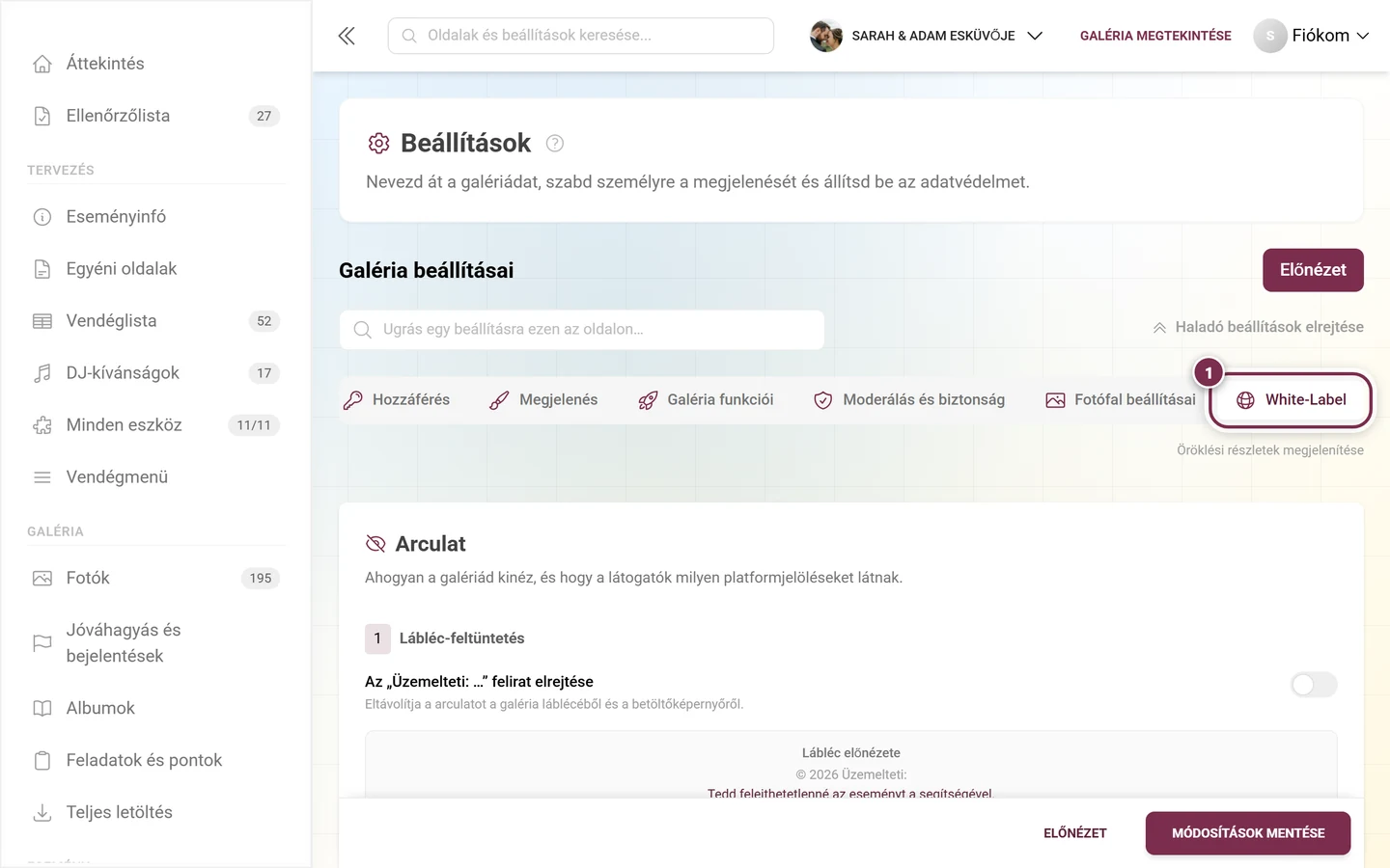 A beállítások fülsora a White-Label fül kiemelésével