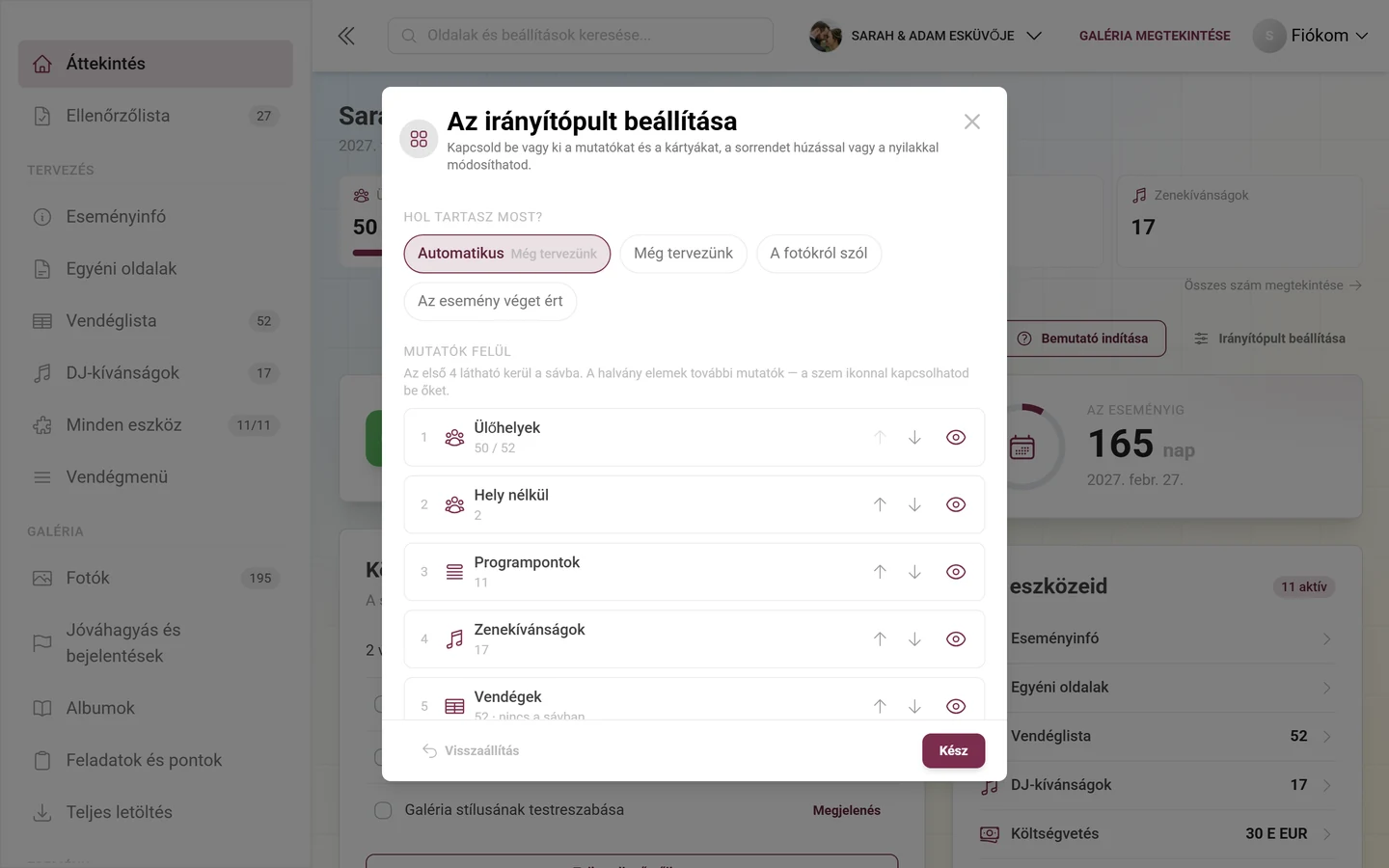 Az „Irányítópult beállítása” párbeszédablak fázissal, kulcsszámokkal és kártyákkal
