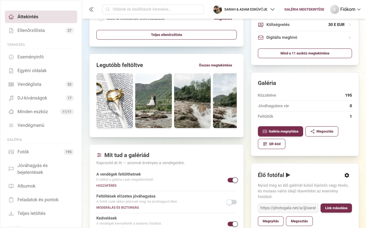 A „Galéria” kártya a számokkal és a Galéria megnyitása, Megosztás, QR-kód gombokkal