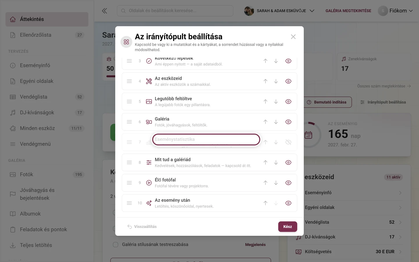 Az Irányítópult beállítása párbeszédablak a kiemelt Eseménystatisztika kártyával
