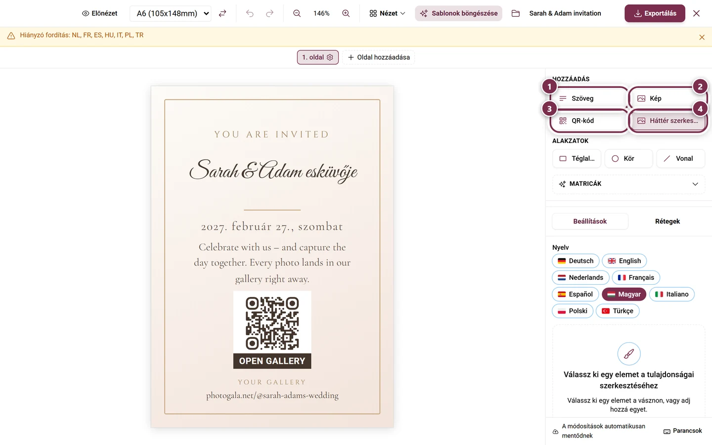 A Hozzáadás terület a jobb oldali sávban, megjelölve a Szöveg, Kép, QR-kód és Háttér gombokkal