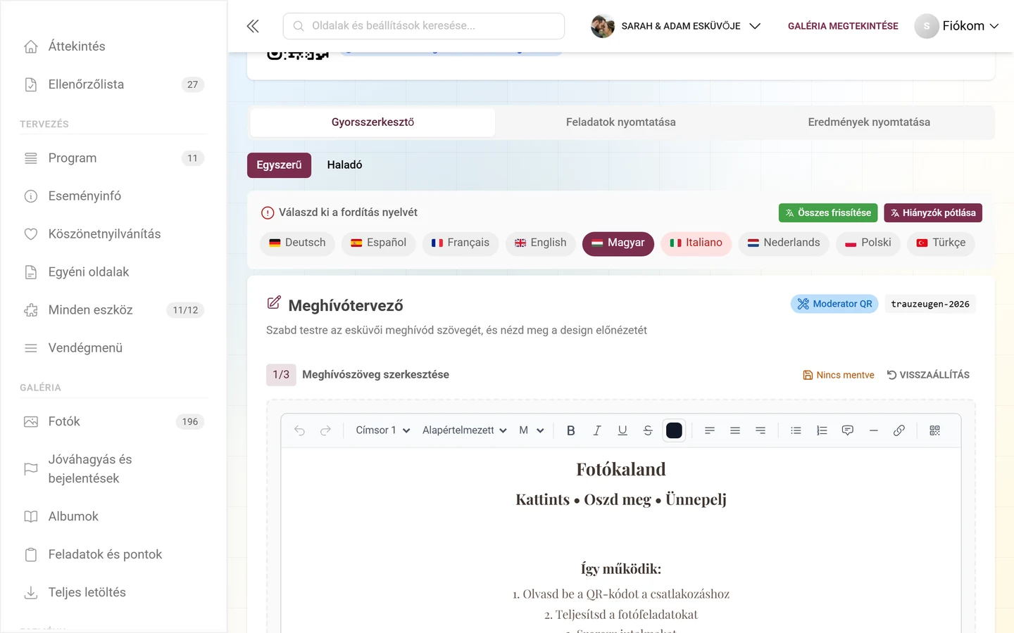 A gyors sablonszerkesztő eszköztára a szöveg hozzáadásához és a meghívó megtervezéséhez