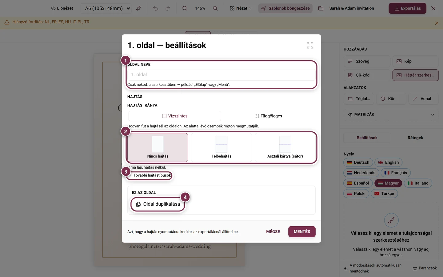 Az „1. oldal – beállítások” párbeszédablak az oldal nevével és a három hajtástípussal