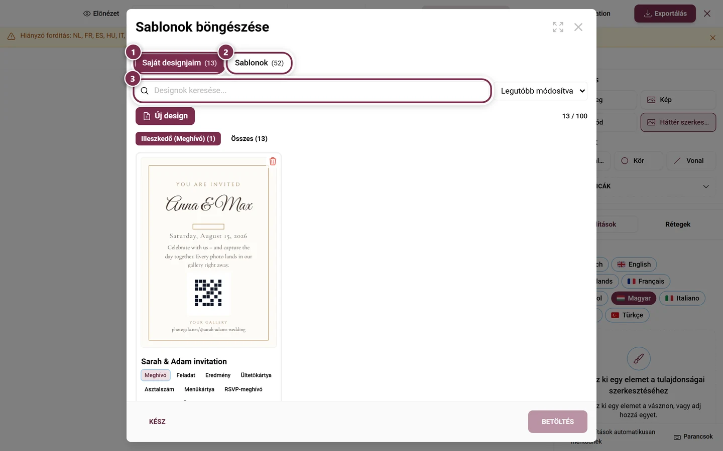 A design-böngésző a Saját designjaim és a Sablonok területekkel