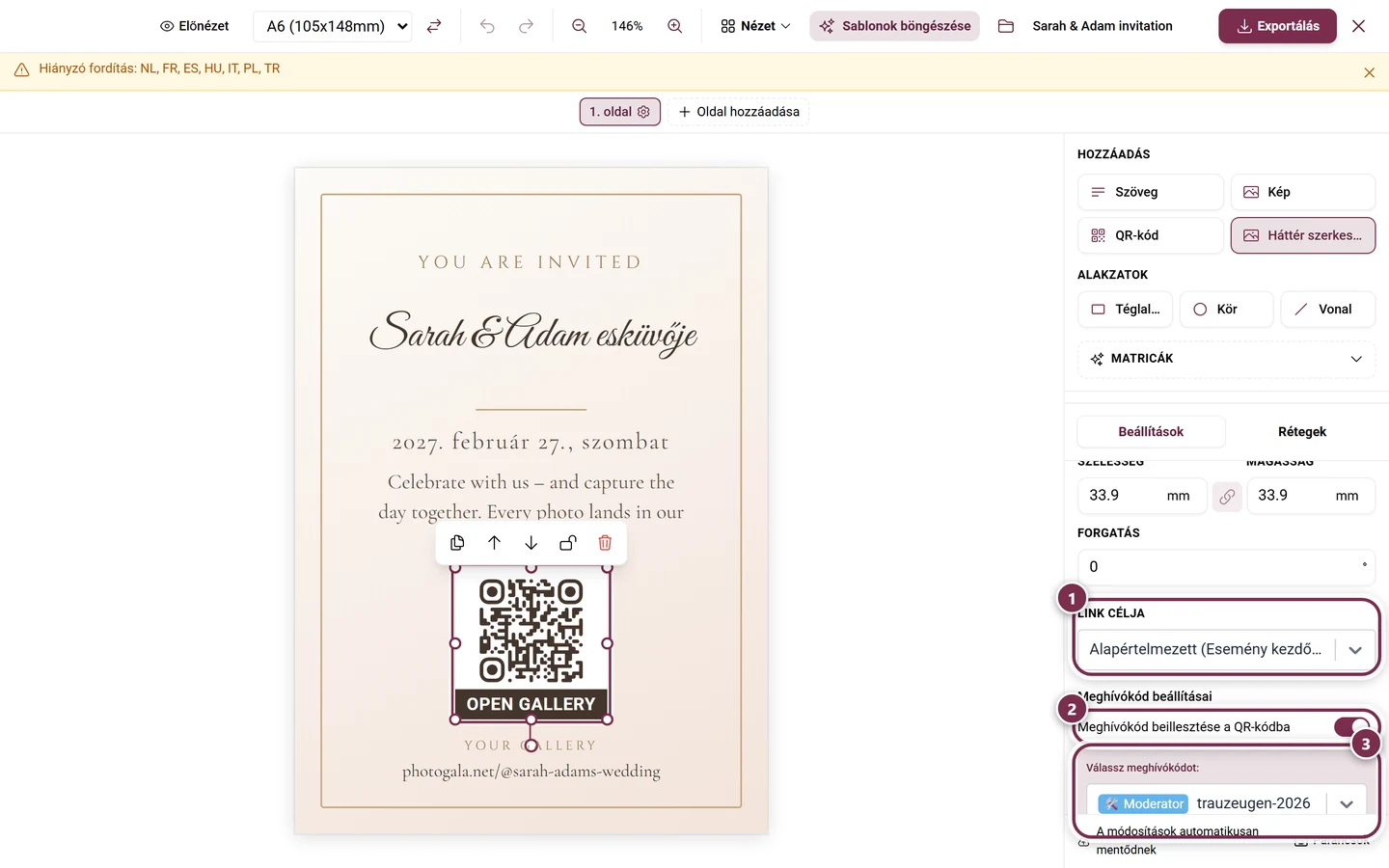 Kijelölt QR-elem a tulajdonságpanel Link célja választómezőjével