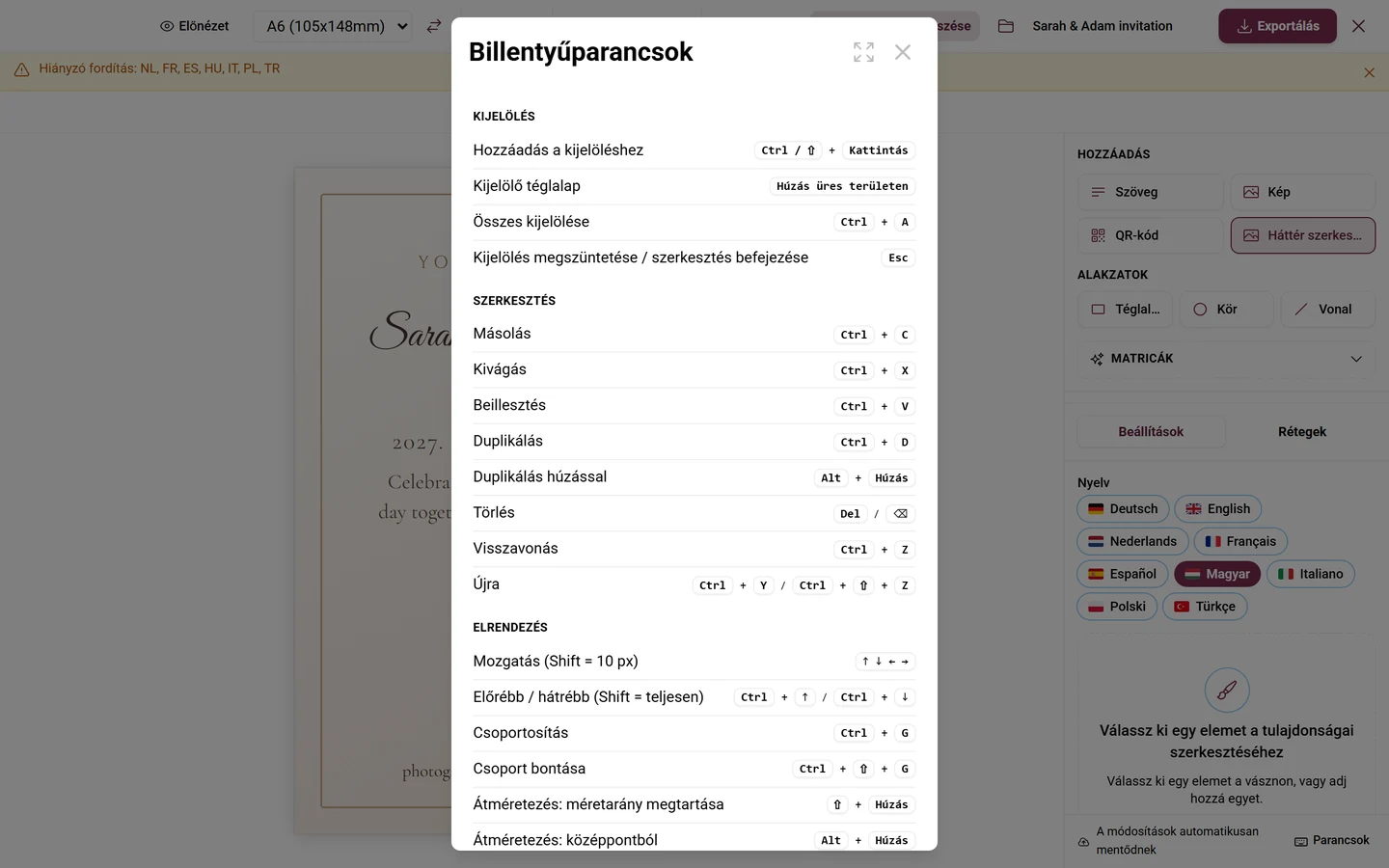 A Billentyűparancsok párbeszédablak a Kijelölés, Szerkesztés, Elrendezés, Nézet és Átalakítás szakaszokkal
