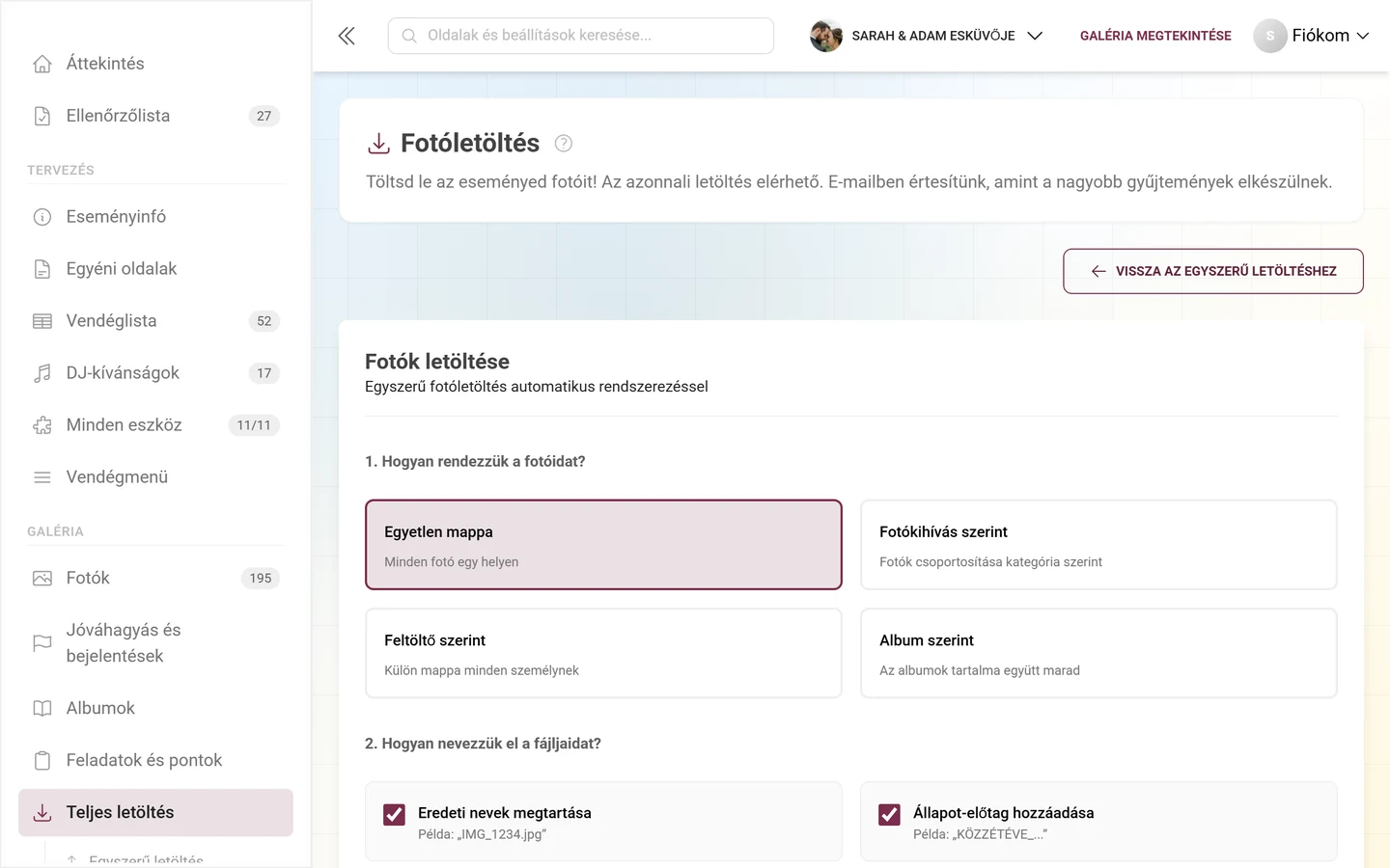 Speciális letöltés mappaszerkezettel, szűrőkkel és kiválasztással a ZIP-exporthoz