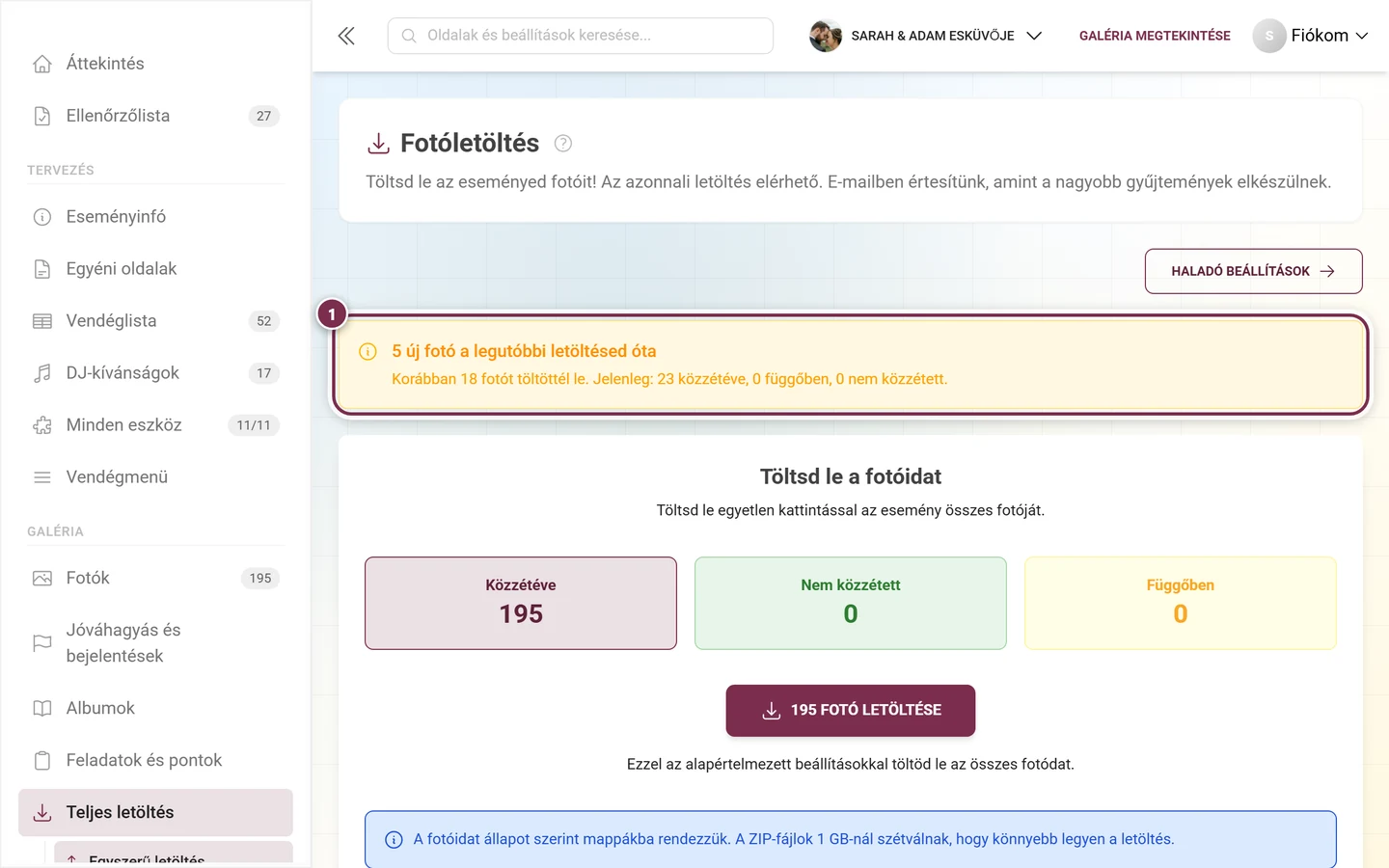 Sárga banner az utolsó letöltés óta érkezett új fotókra vonatkozó figyelmeztetéssel, megjelölve