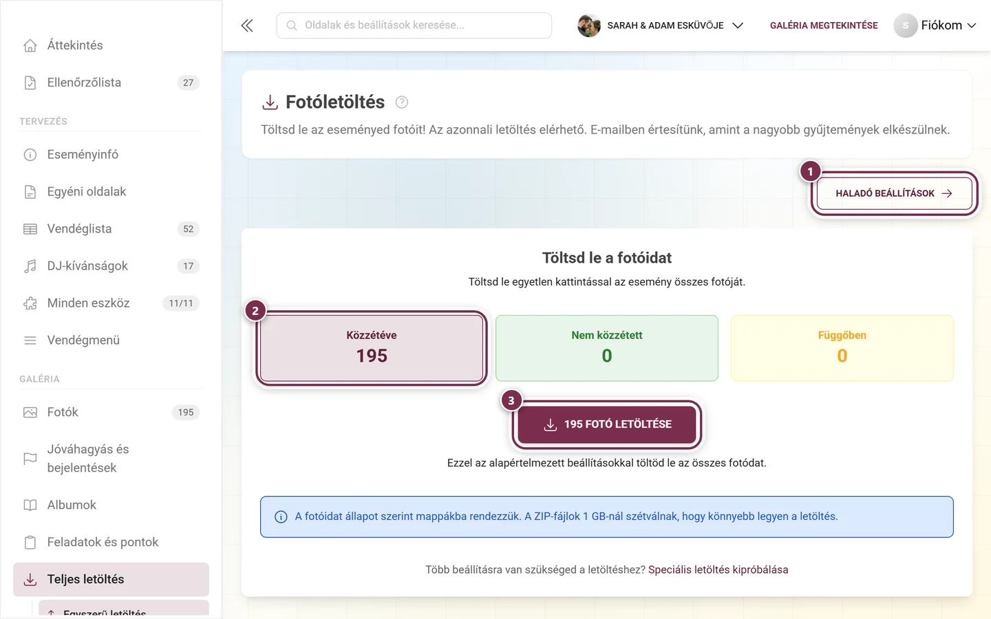 Letöltési oldal a ZIP-mentéshez három megjelölt kezelőelemmel