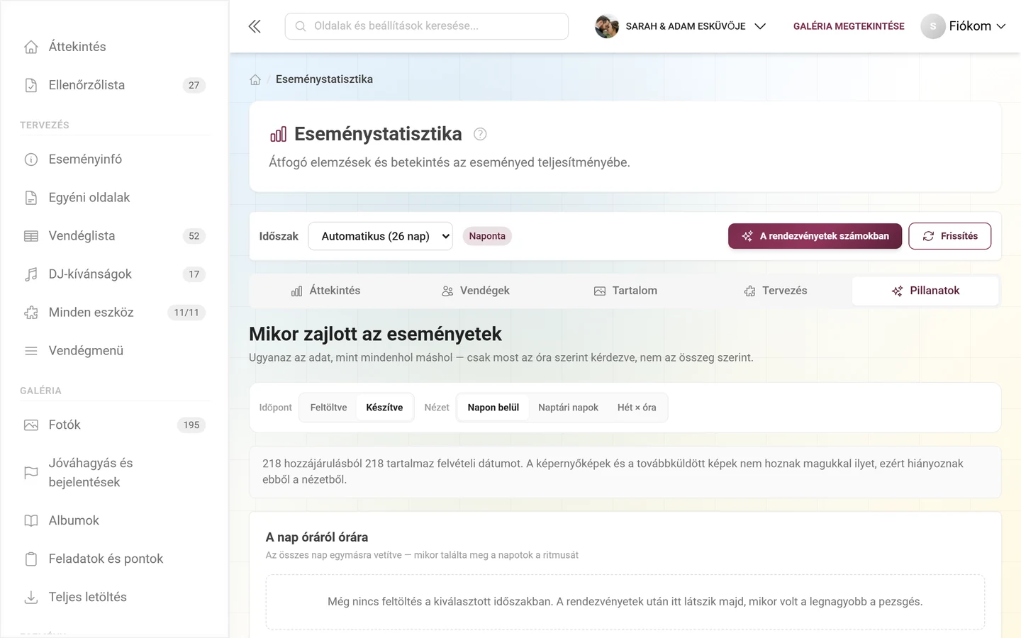Pillanatok terület a csúcspont-kártyával, a napi lefutással és a készülék-kiértékeléssel