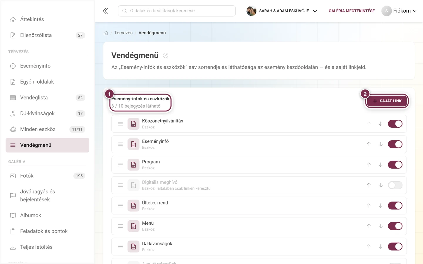 A vendégmenü szerkesztője címmel, számlálóval, a Saját link gombbal és a rendezhető listával