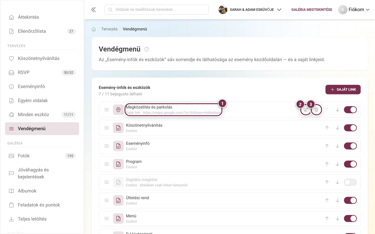 Egy saját link sora a címmel, a ceruzával és a lomtárral