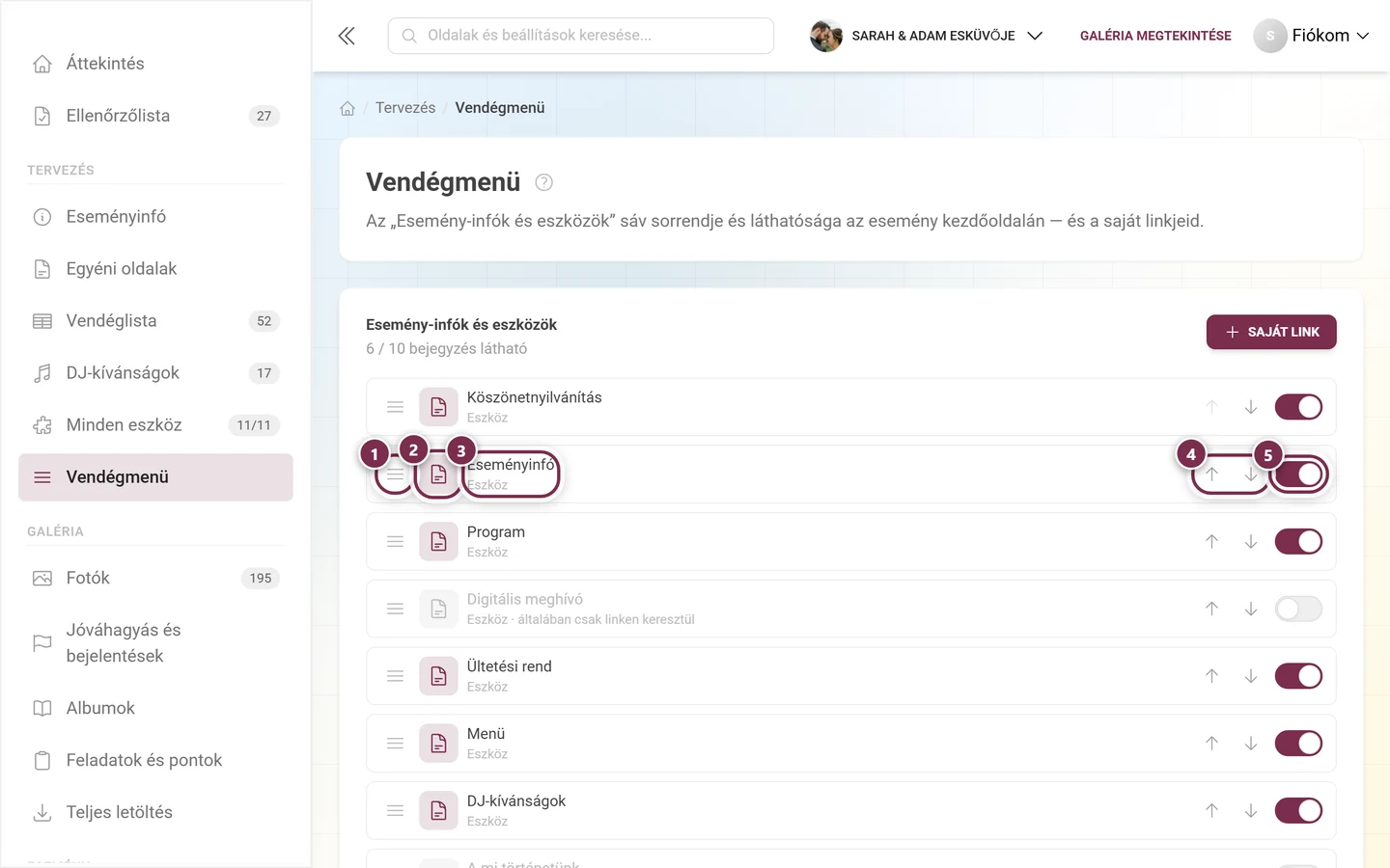 A vendégmenü egy sora fogantyúval, szimbólummal, felirattal, nyilakkal és kapcsolóval