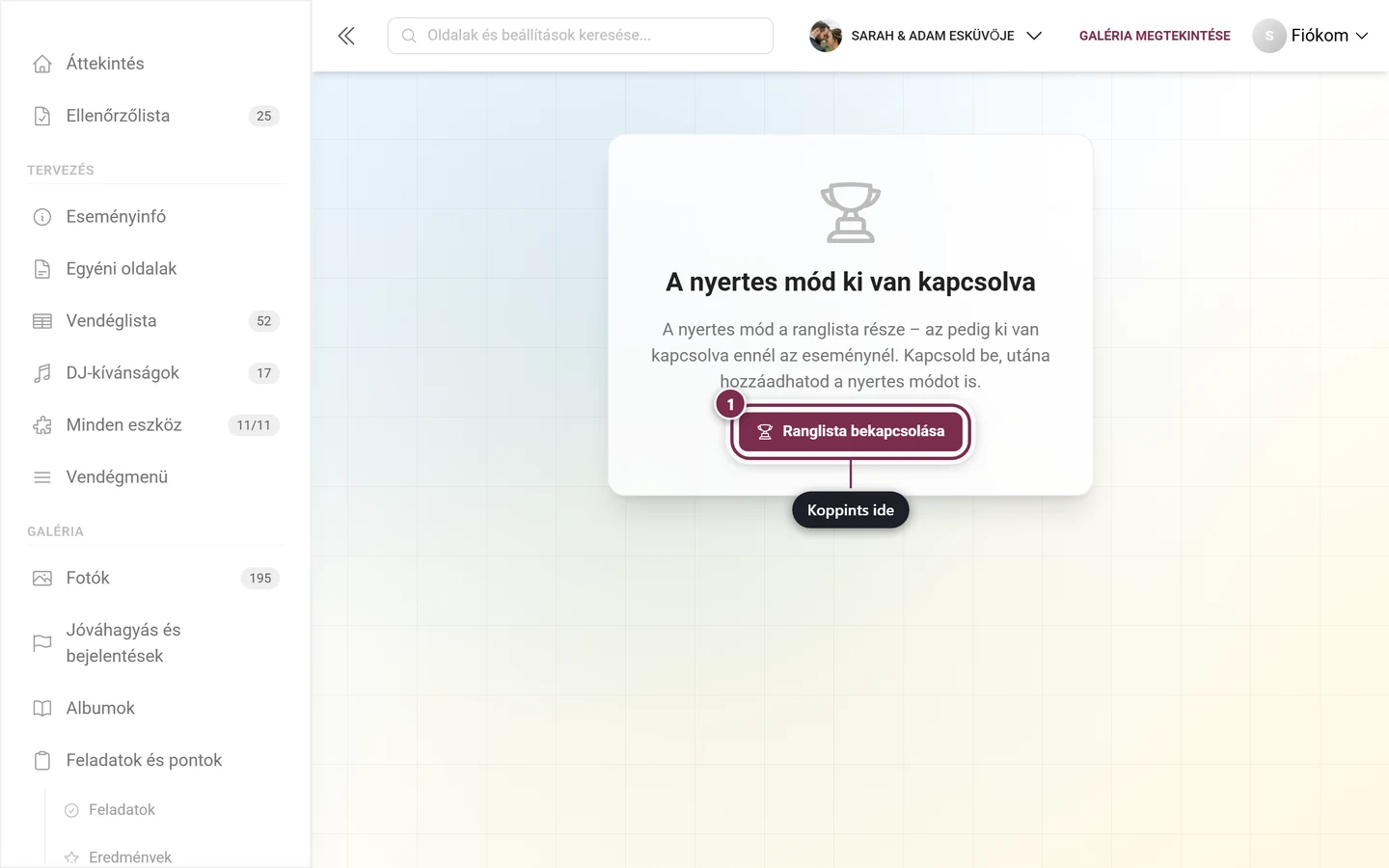 Figyelmeztetés, hogy a ranglista ki van kapcsolva, a Ranglista bekapcsolása gombbal
