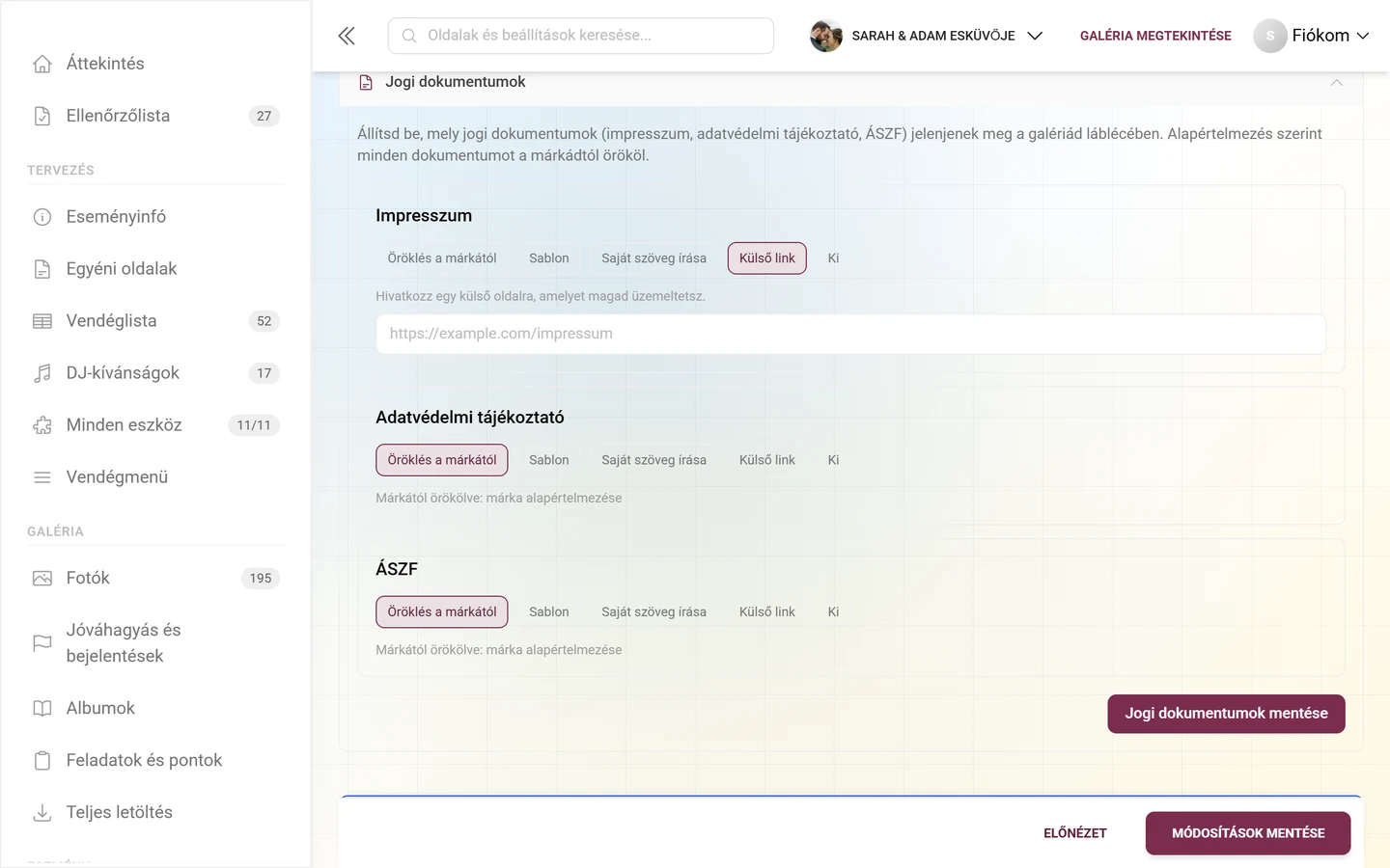 Impresszum kártya Külső link módban az URL mezővel