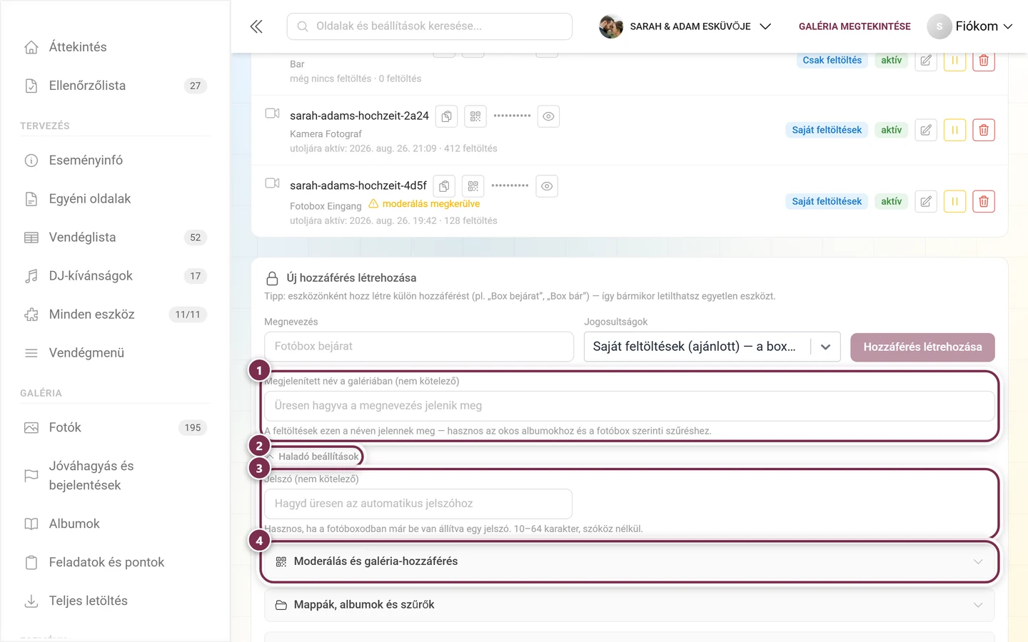 Új hozzáférés űrlap a kiemelt megjelenített névvel, a Haladó beállítások lenyitóval, a jelszómezővel és az első beállításcsoporttal