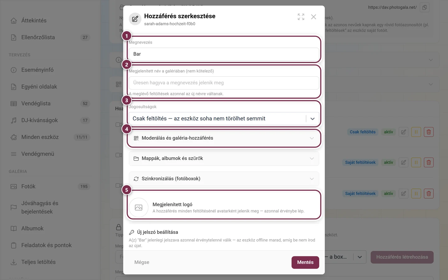 Hozzáférés szerkesztése párbeszédablak a megnevezéssel, a megjelenített névvel, a jogosultságokkal, a három beállításcsoporttal, a megjelenített logóval és az Új jelszó beállítása szakasszal