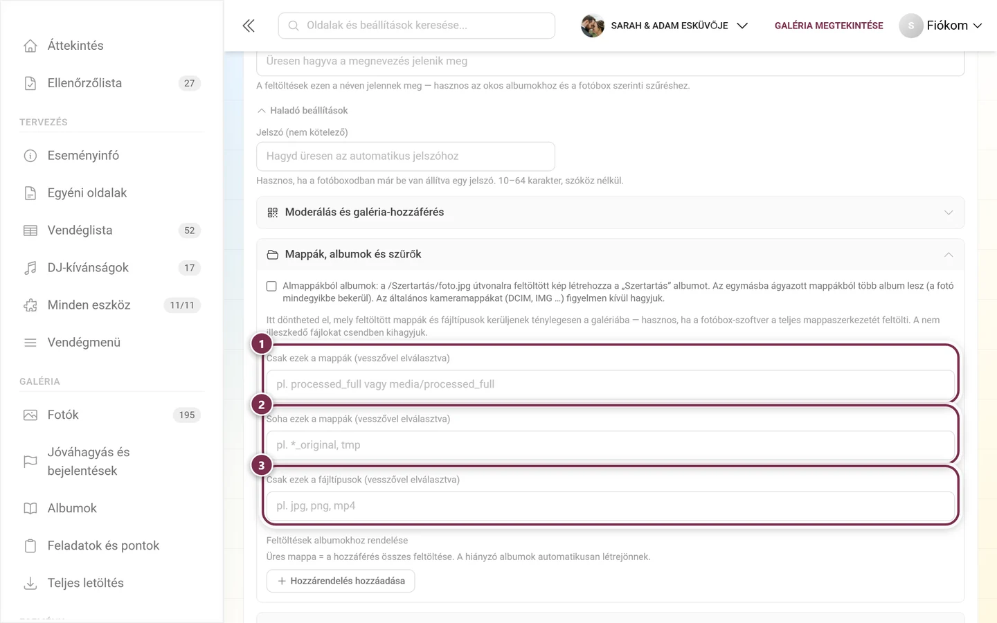 Kinyitott Mappák, albumok és szűrők csoport a három kiemelt szűrőmezővel