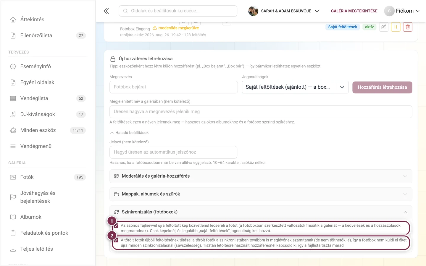 Kinyitott Szinkronizálás csoport a két kiemelt jelölőnégyzettel