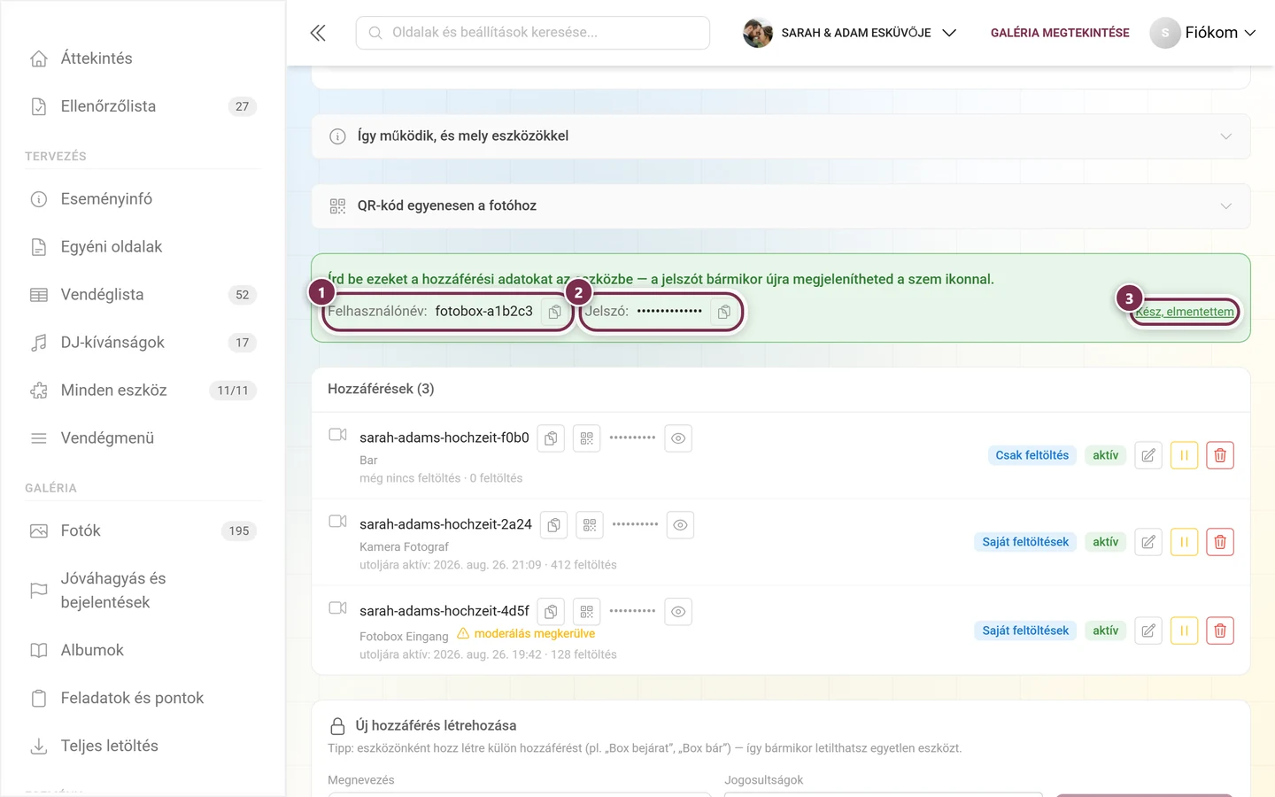 Zöld egyszeri panel a kiemelt felhasználónévvel, kiemelt jelszóval és megerősítő gombbal