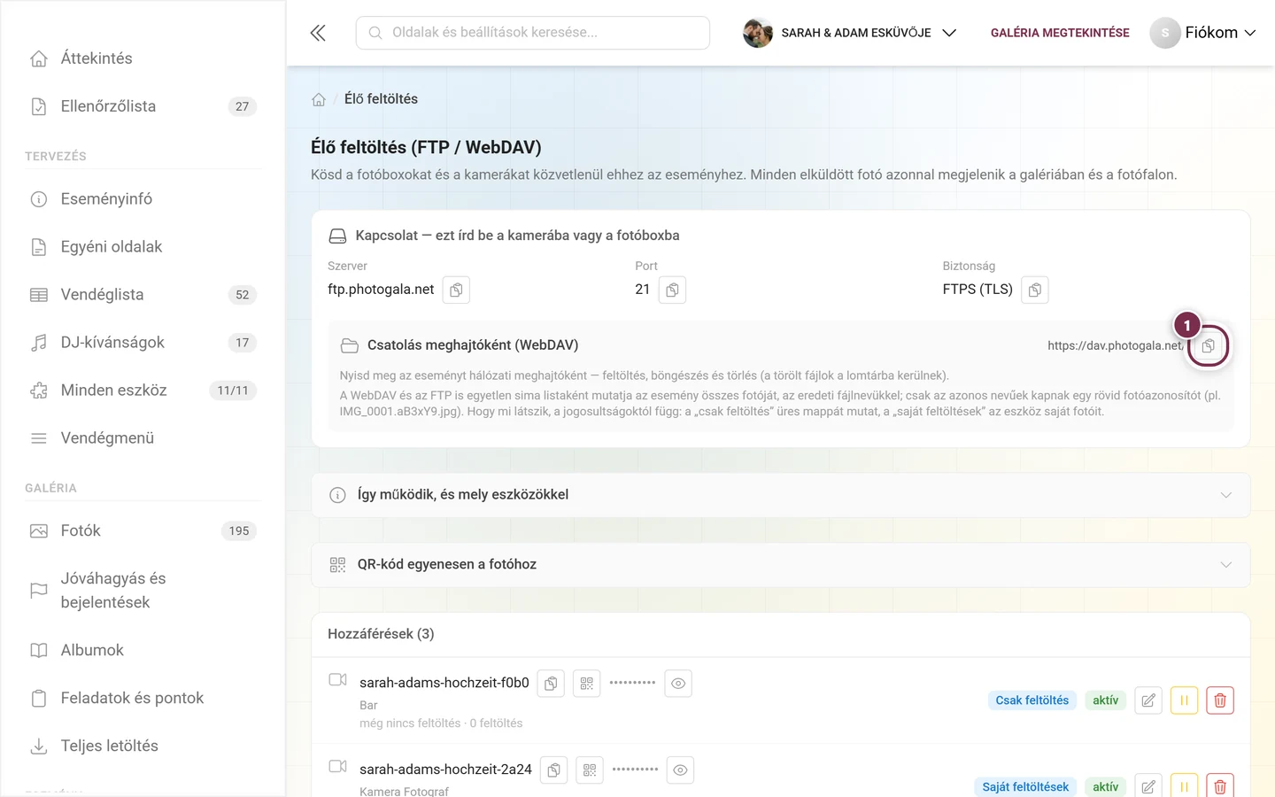 Csatolás meghajtóként (WebDAV) sor a cím melletti kiemelt Másolás gombbal