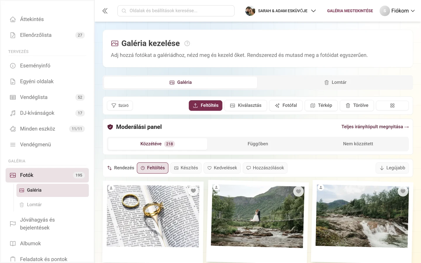 Galéria kezelése oldal fülekkel, műveletsávval, moderálási panellel, rendezősávval és fotórácsal