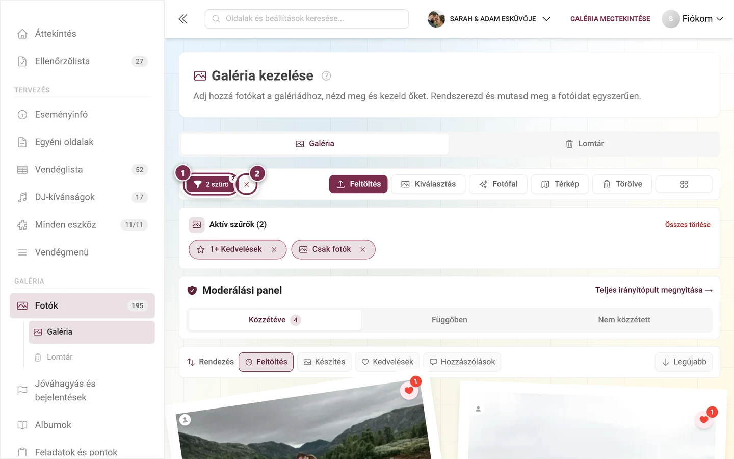 Műveletsáv a kiszínezett szűrőgombbal, rajta a darabszámmal és a mellette lévő piros X-szel