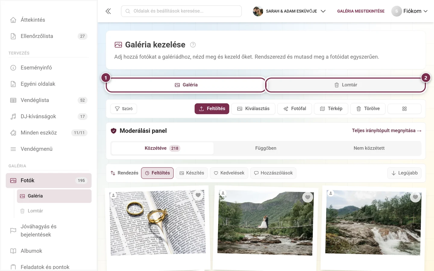 Az oldal fülsávja a kiemelt Galéria és Lomtár fülekkel