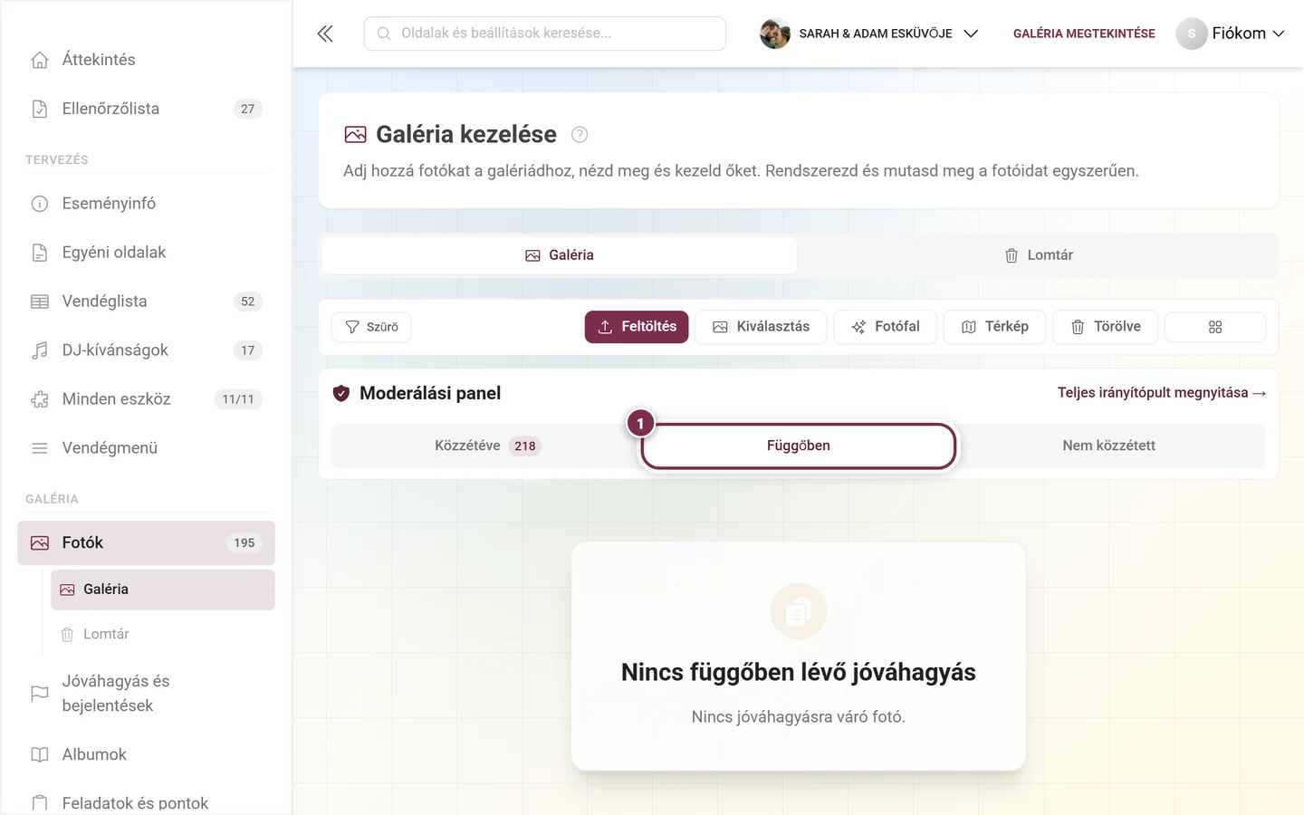 A Függőben fül kiemelve, alatta az üres állapot Nincs függőben lévő jóváhagyás