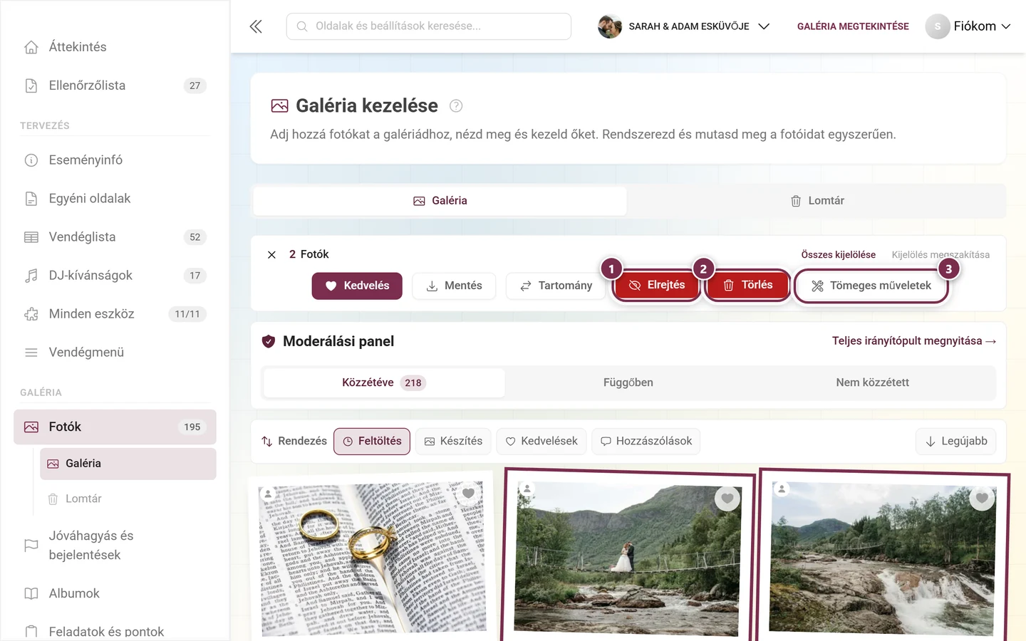 A kijelölési sáv gombsora a kiemelt Elrejtés, Törlés és Tömeges műveletek gombokkal