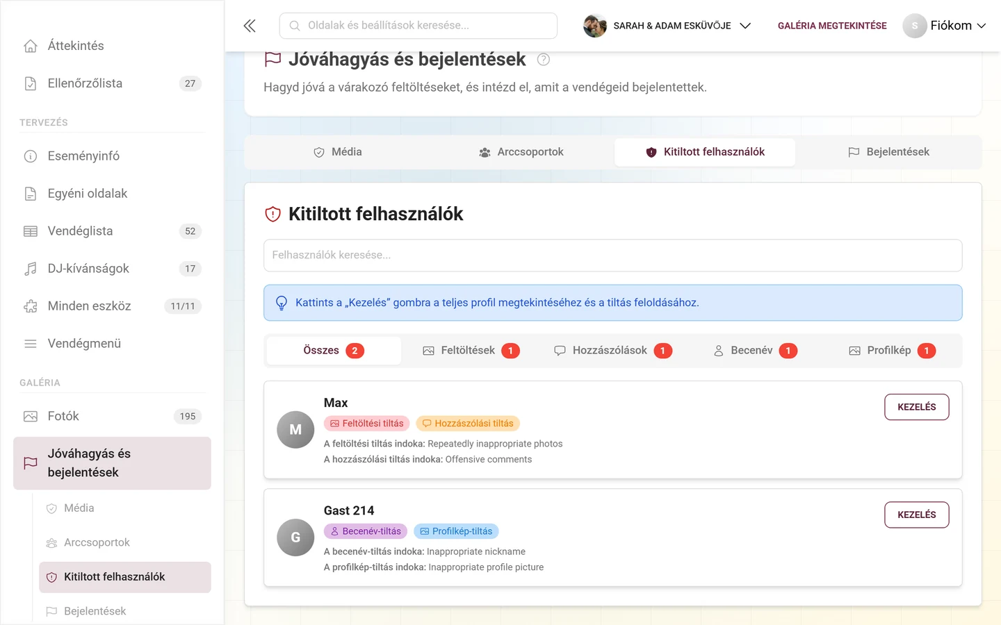 Kitiltott felhasználók fül alfülekkel és a kitiltott személyekkel, kitiltási jelvényekkel