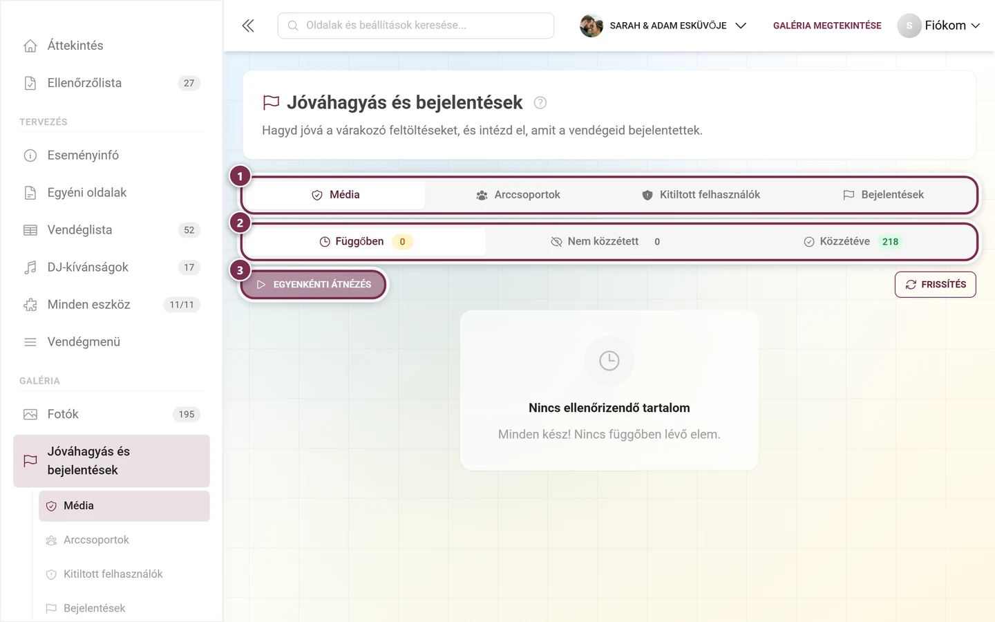 Jóváhagyás és bejelentések oldal az admin felületen a Média, Kitiltott felhasználók és Bejelentések fülekkel