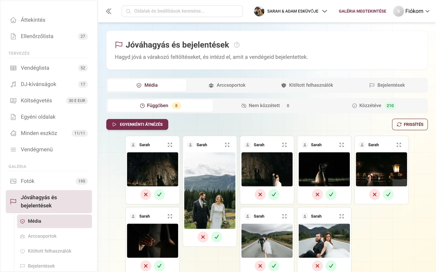 Média fül az Ellenőrzésre vár 6, Nem közzétett 0, Közzétéve 17 státuszsorral és hat kártyával, rajtuk piros X-szel és zöld pipával