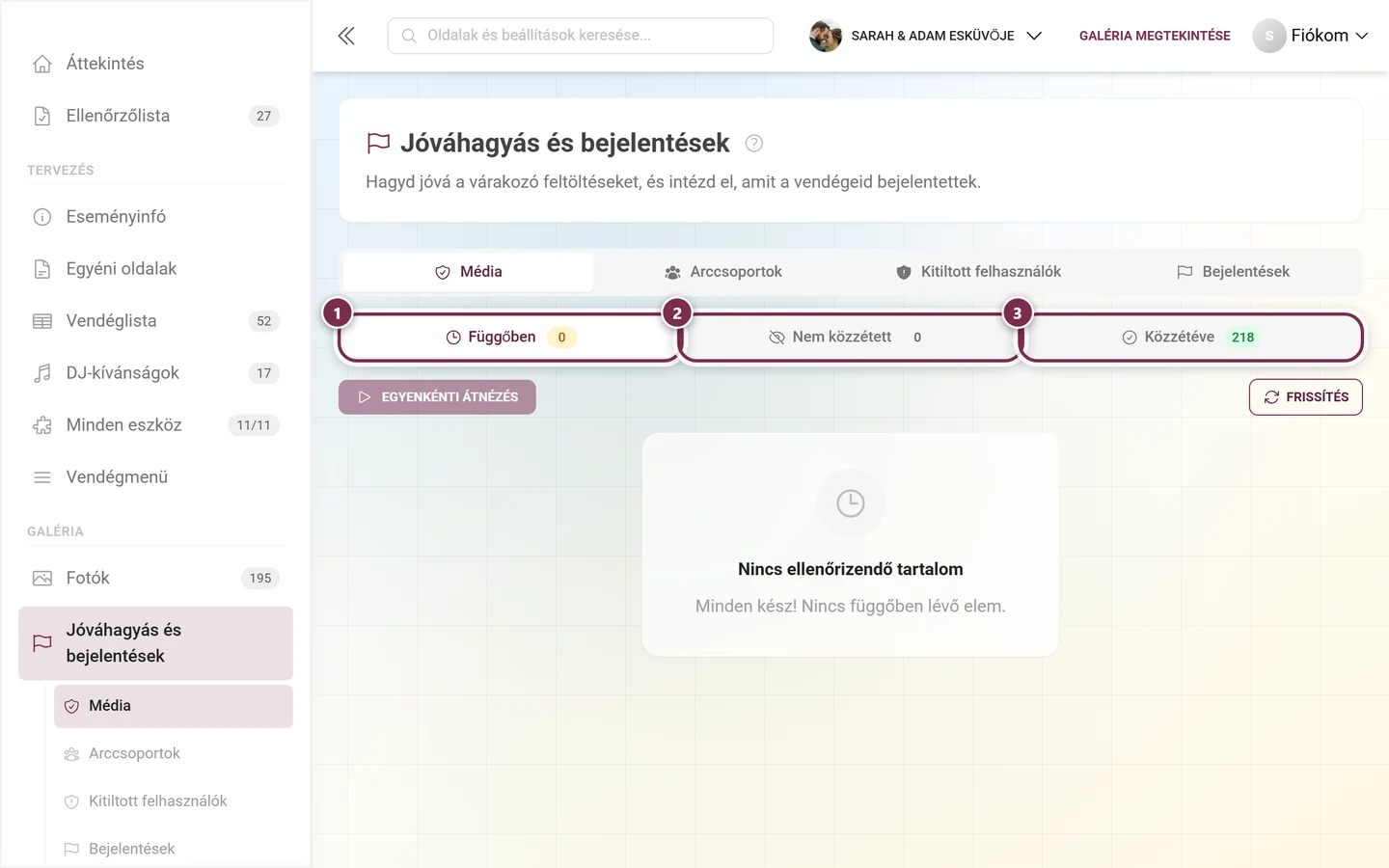 A Média fülön belüli három státuszfül, mindhárom kiemelve