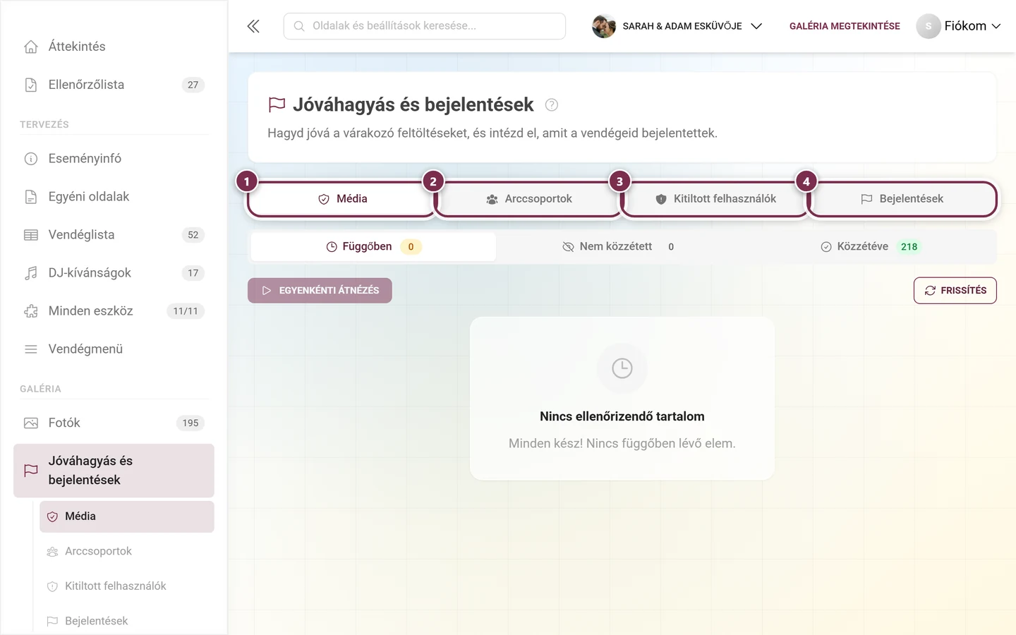 A moderálási oldal fülsora mind a négy kiemelt füllel