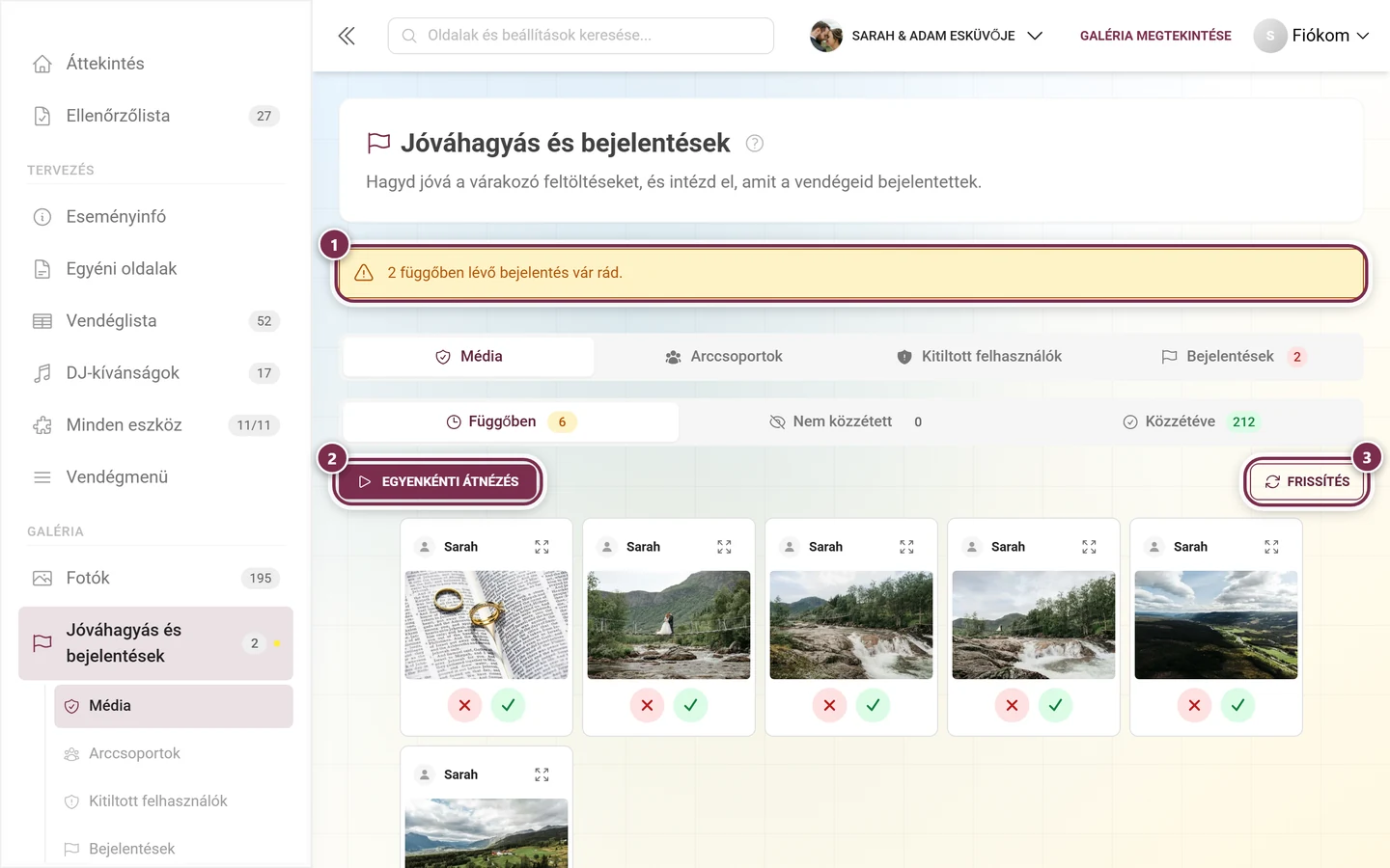 A moderálási oldal teteje sárga figyelmeztető sávval, fülsorral, státuszfülekkel és eszköztárral