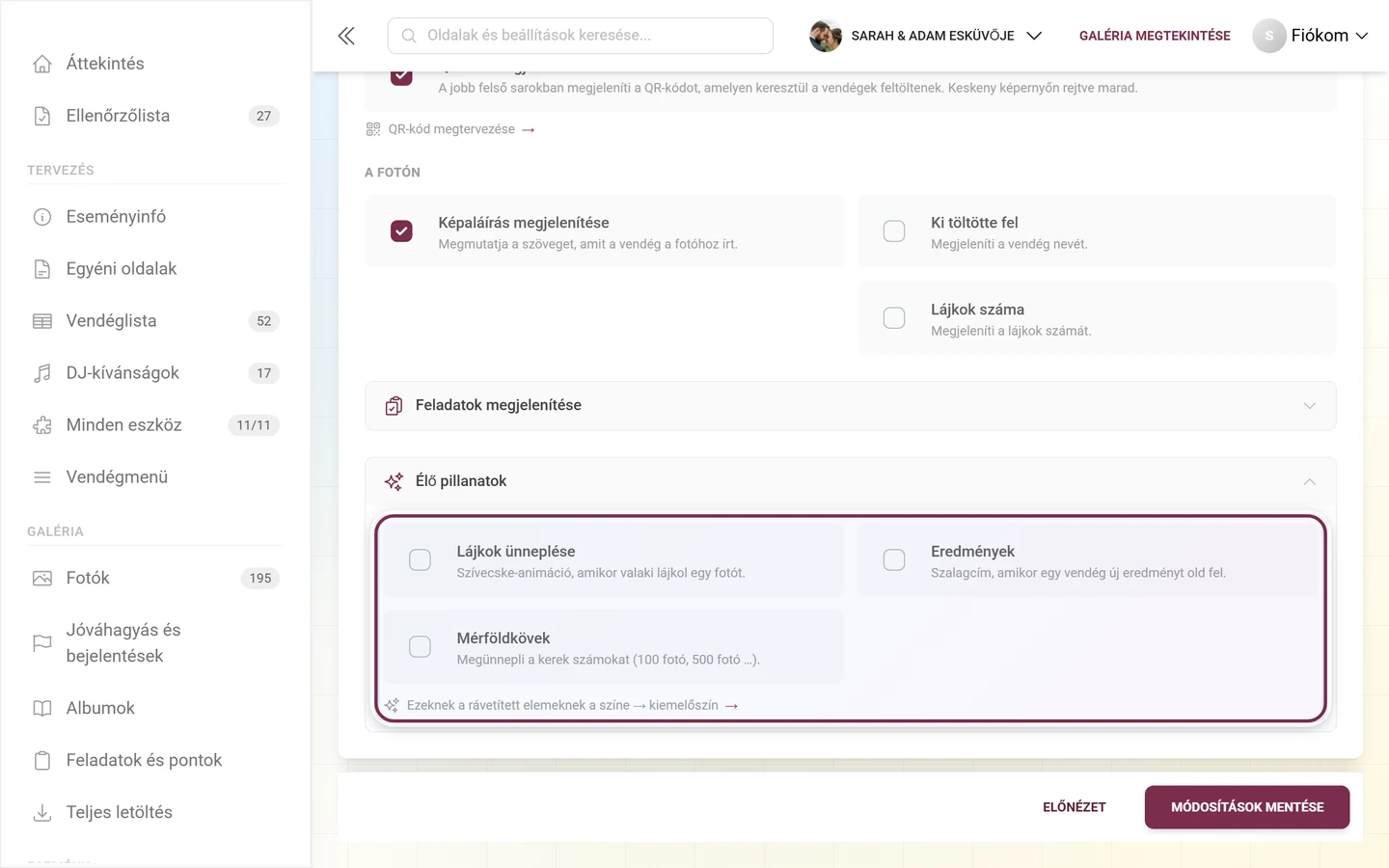 Kinyitott Élő pillanatok szakasz a Lájkok ünneplése, Eredmények és Mérföldkövek kapcsolókkal