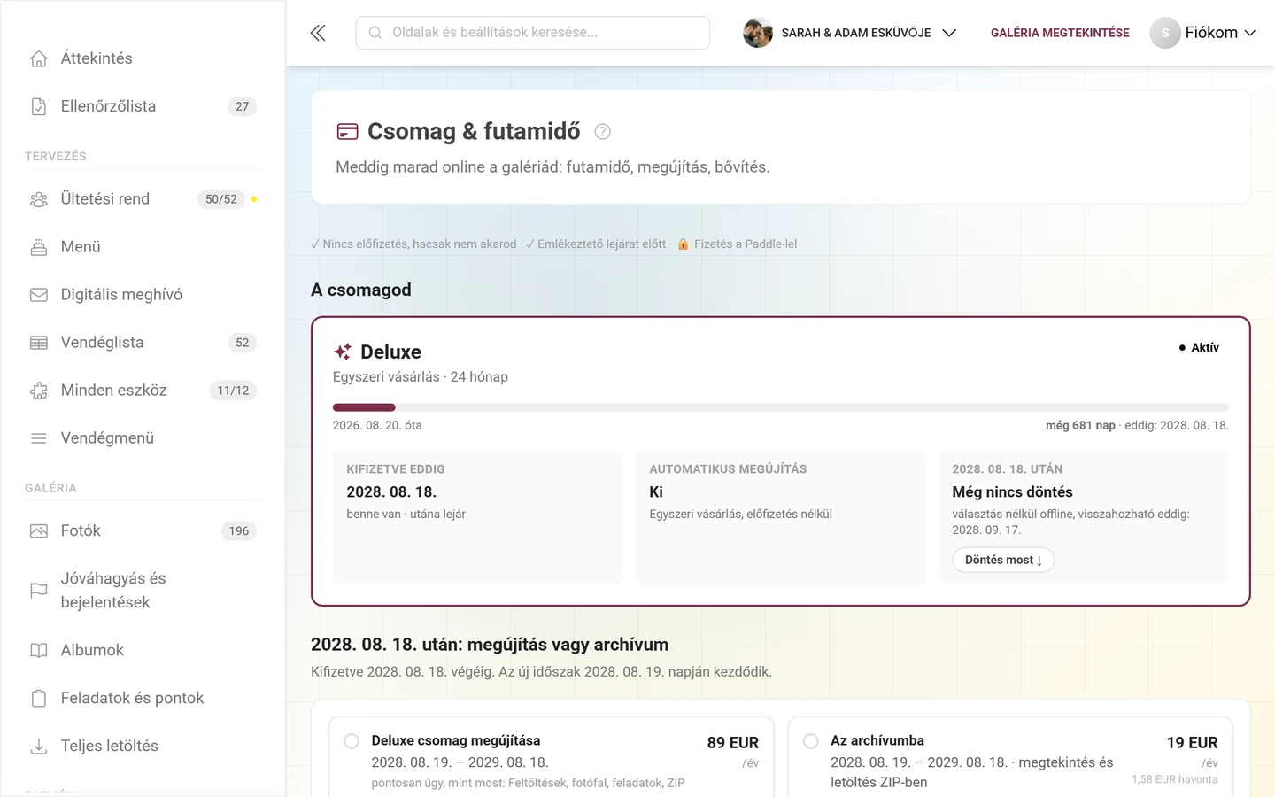 Csomag & futamidő oldal A csomagod kártyával, a futamidősávval és a Kifizetve eddig, Automatikus megújítás és Dátum után csempékkel