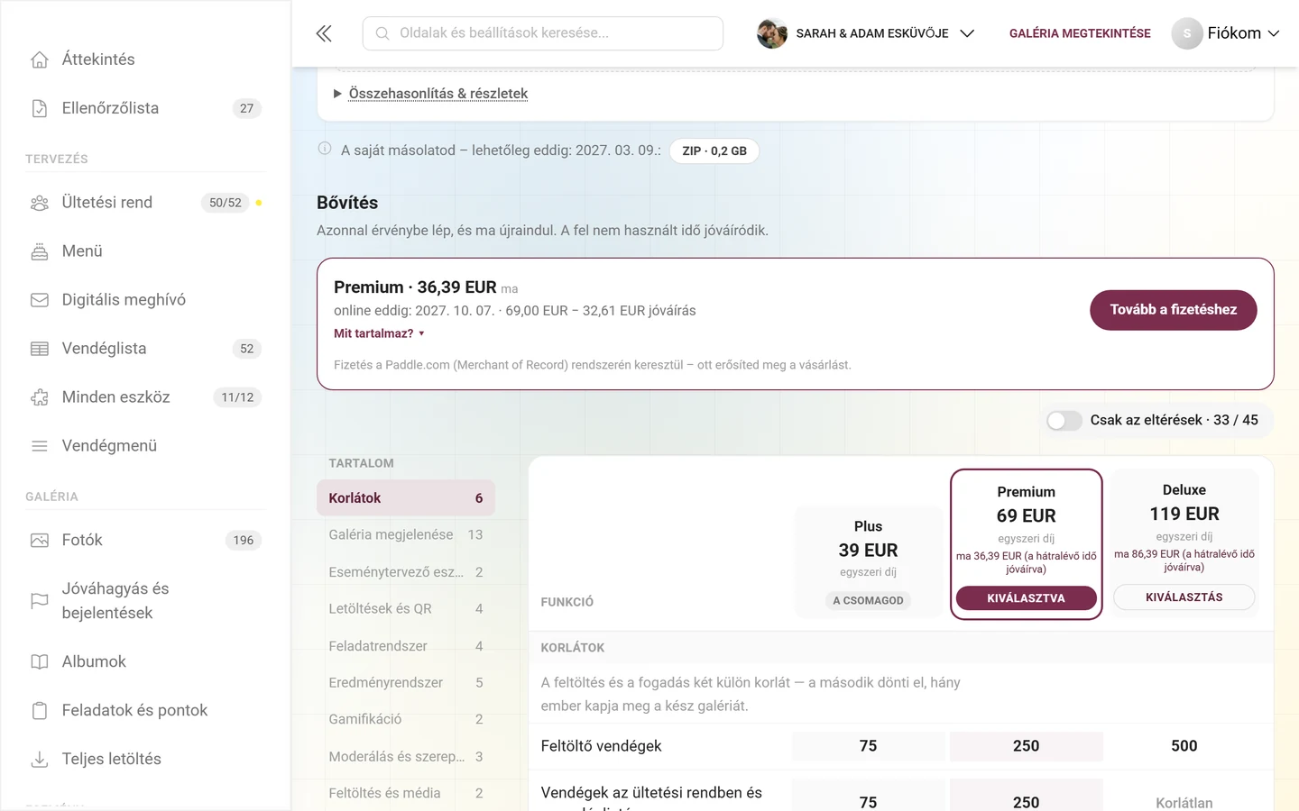 Bővítési blokk összehasonlító táblázattal: balra a funkciók, jobbra csomagonként egy oszlop árral és Választás gombbal