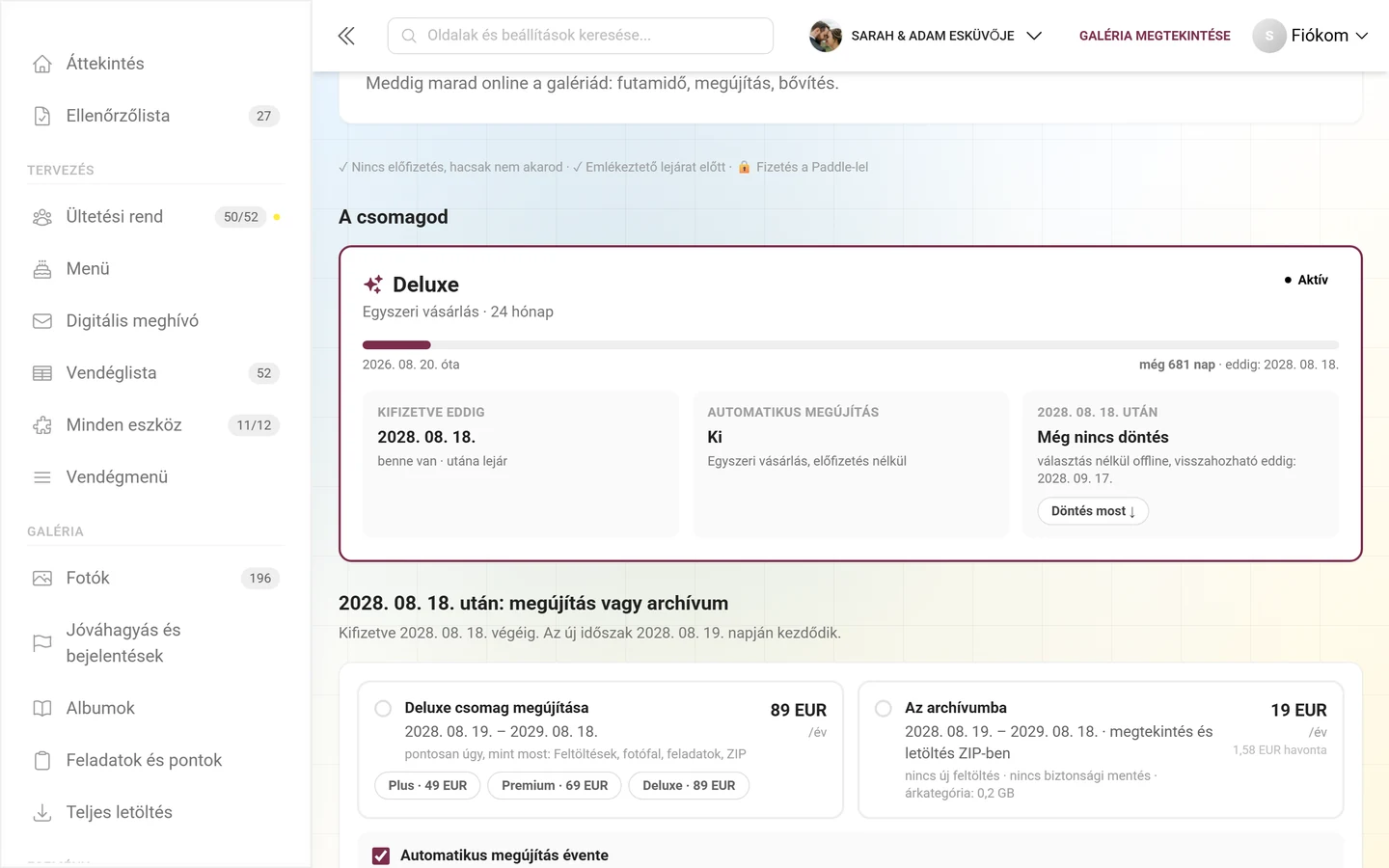 A csomagod kártya futamidősávval és a Kifizetve eddig, Automatikus megújítás és Dátum után csempékkel